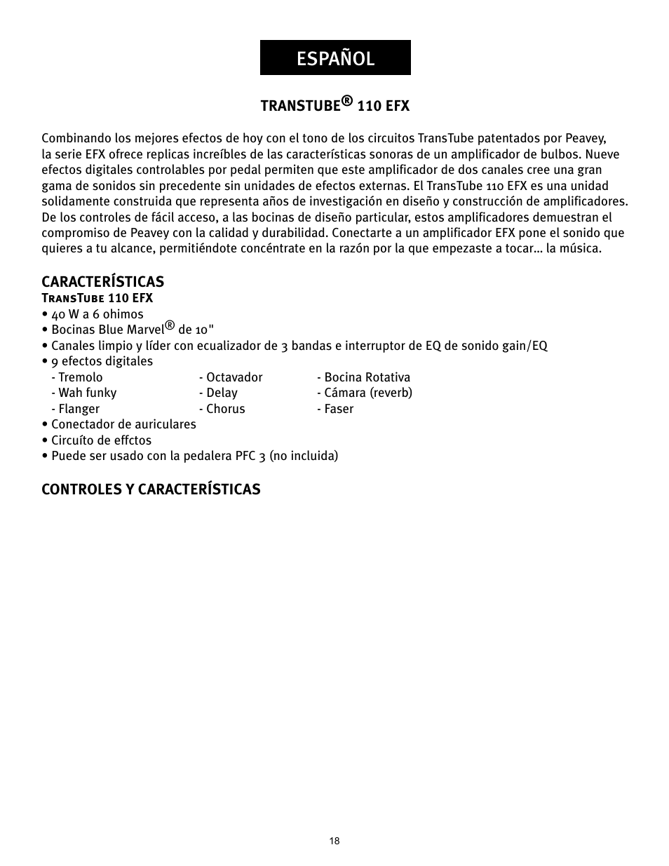 Español | Peavey TRANSTUBE 110 EFX User Manual | Page 18 / 32