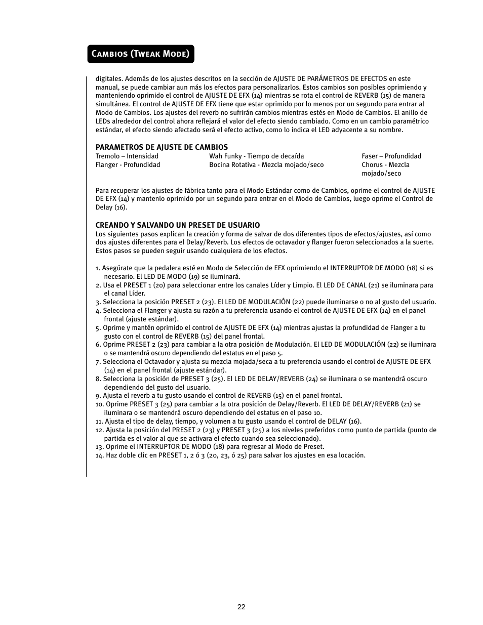 Cambios (tweak mode) | Peavey TRANSTUBE 110 EFX User Manual | Page 22 / 32