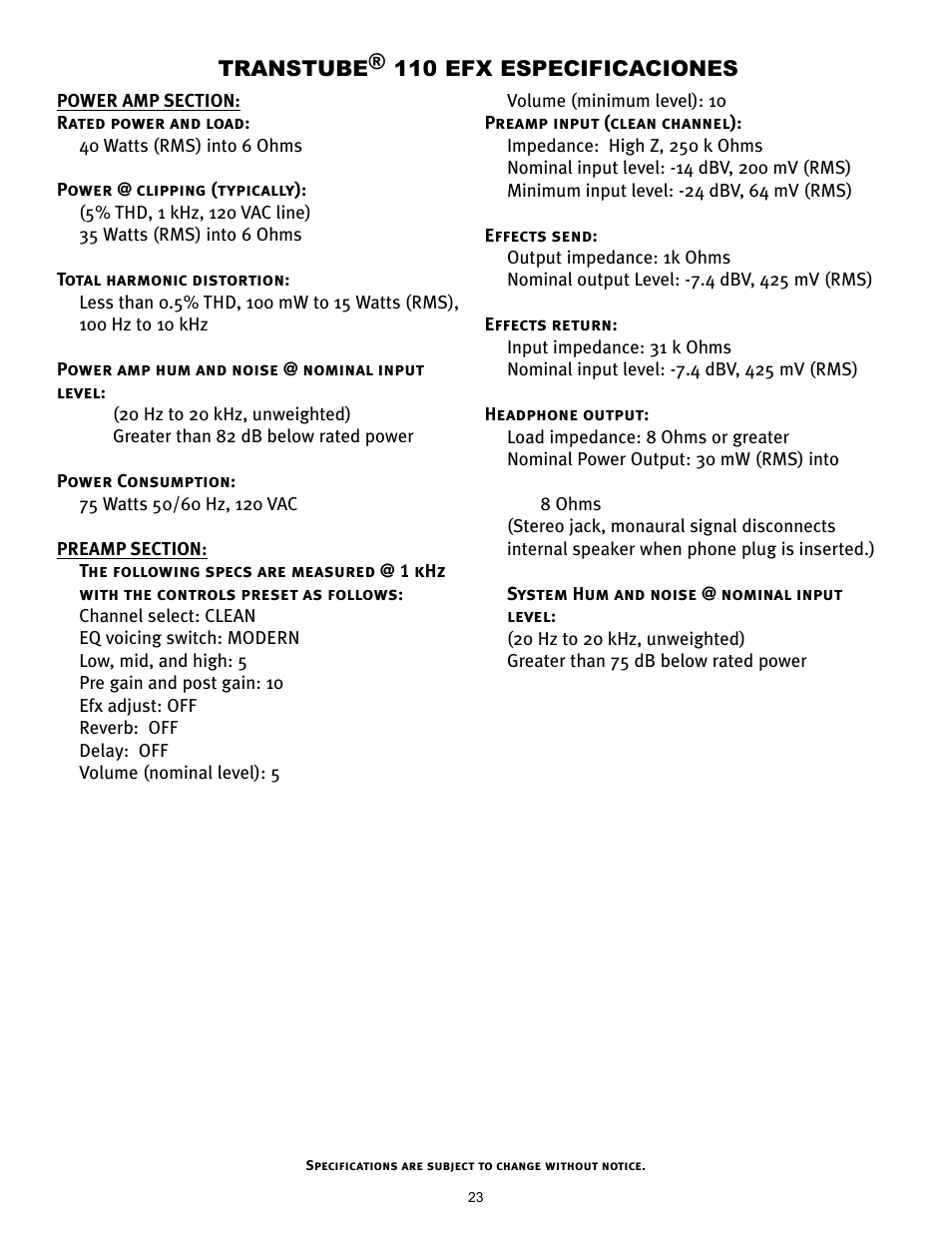 Peavey TRANSTUBE 110 EFX User Manual | Page 23 / 32