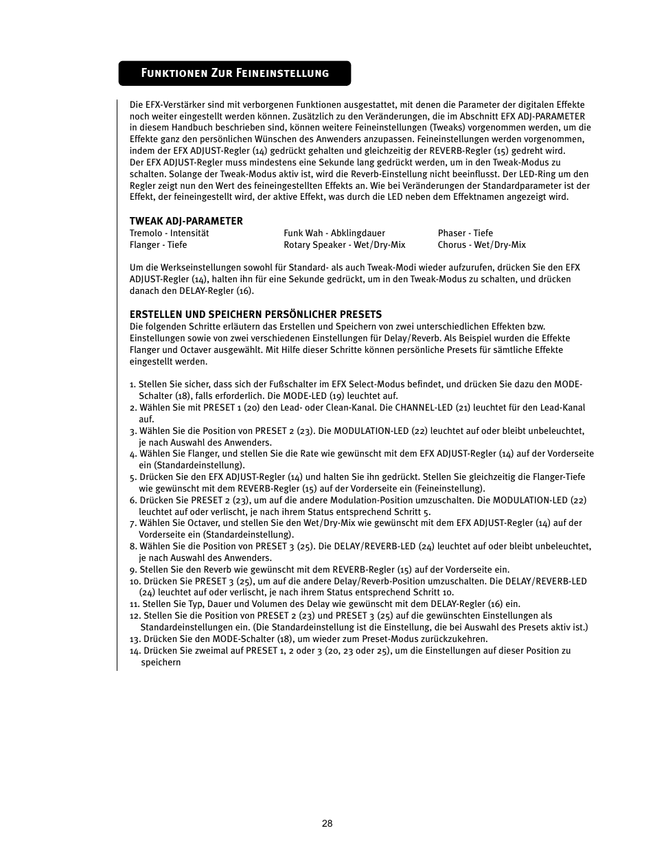 Funktionen zur feineinstellung | Peavey TRANSTUBE 110 EFX User Manual | Page 28 / 32