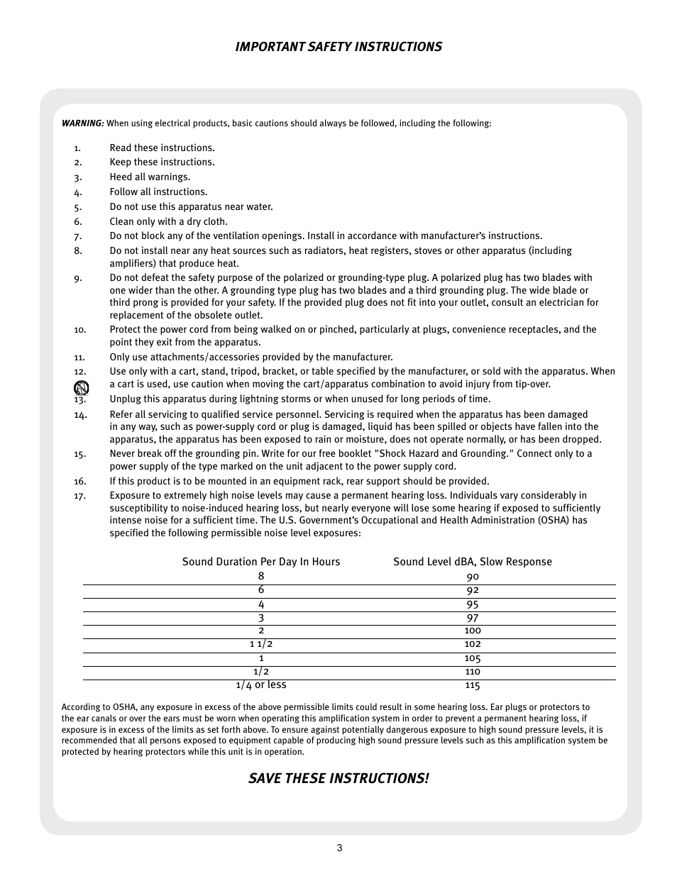 Save these instructions | Peavey TRANSTUBE 110 EFX User Manual | Page 3 / 32