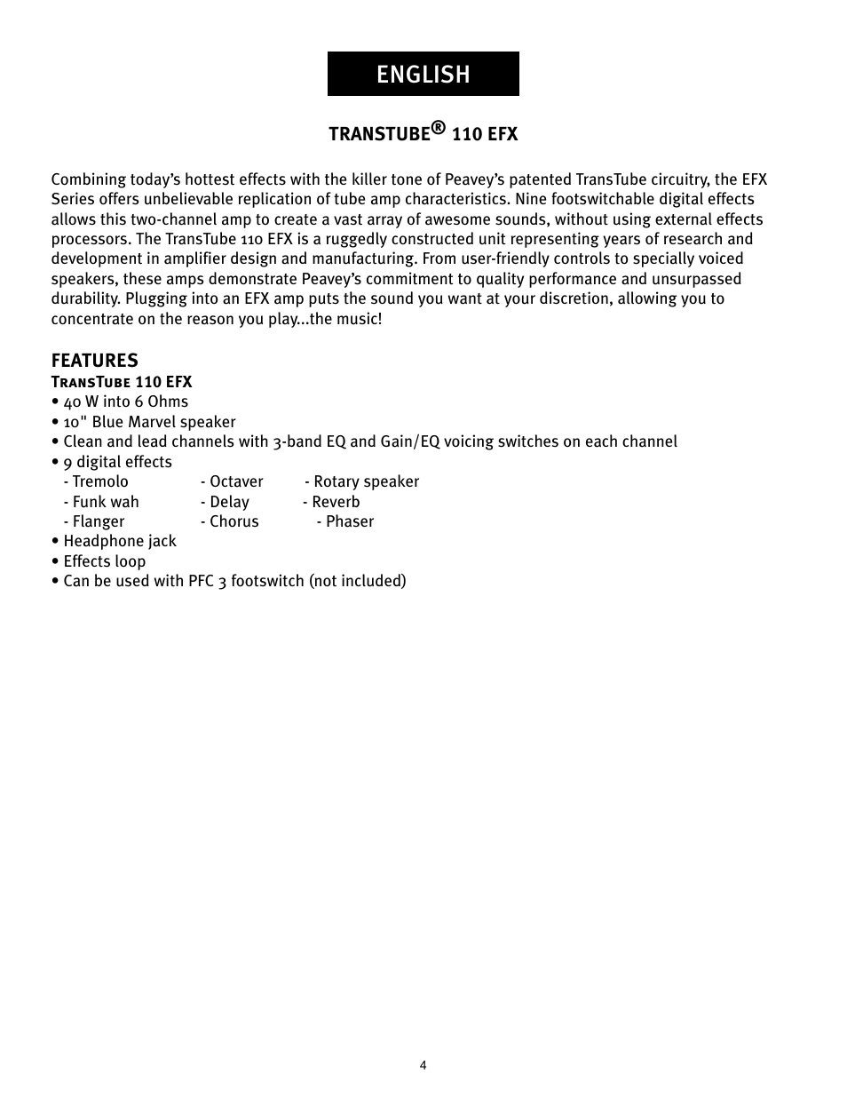 English | Peavey TRANSTUBE 110 EFX User Manual | Page 4 / 32