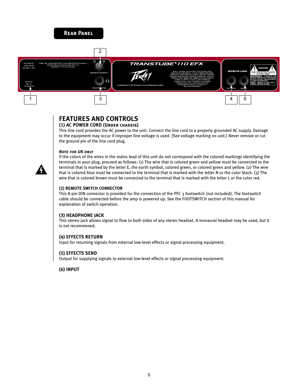 Features and controls | Peavey TRANSTUBE 110 EFX User Manual | Page 5 / 32