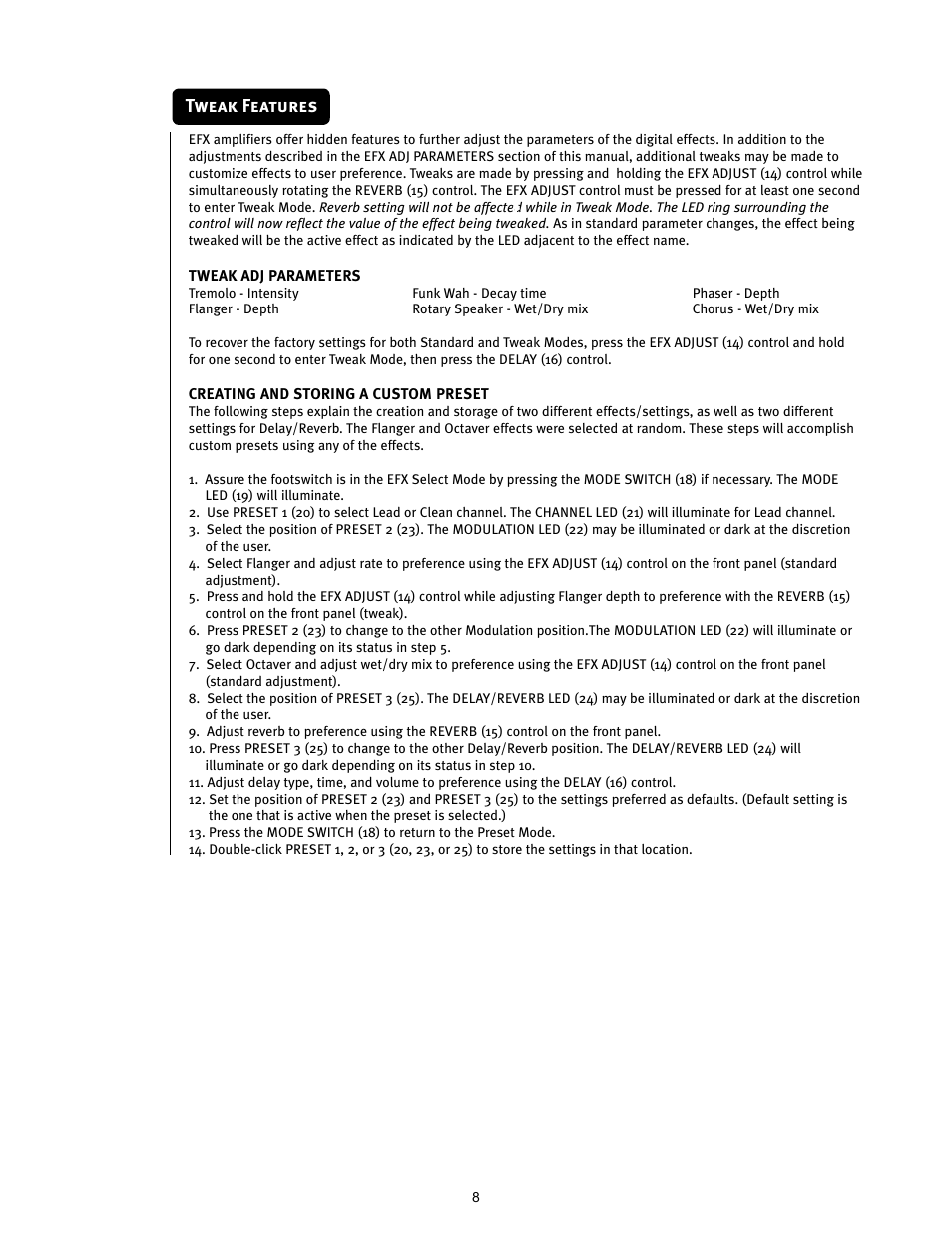 Tweak features | Peavey TRANSTUBE 110 EFX User Manual | Page 8 / 32
