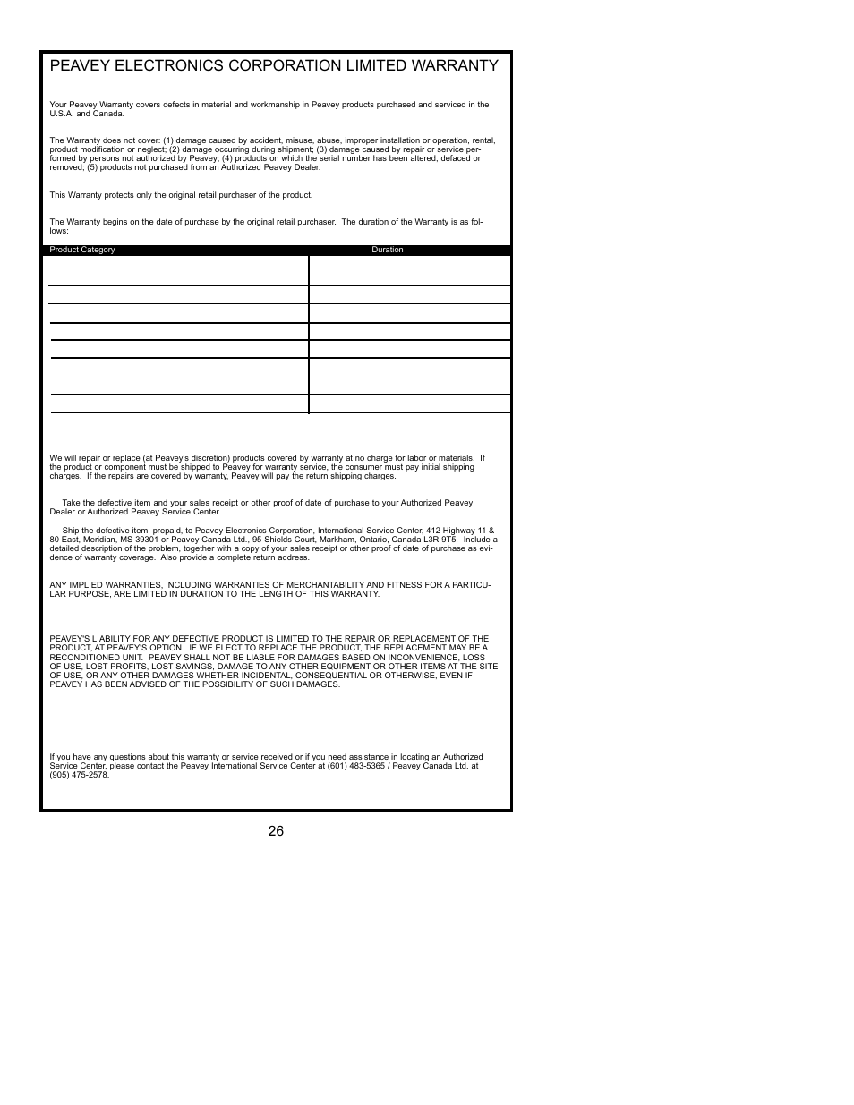 Peavey electronics corporation limited warranty | Peavey PCX-U302 User Manual | Page 26 / 28