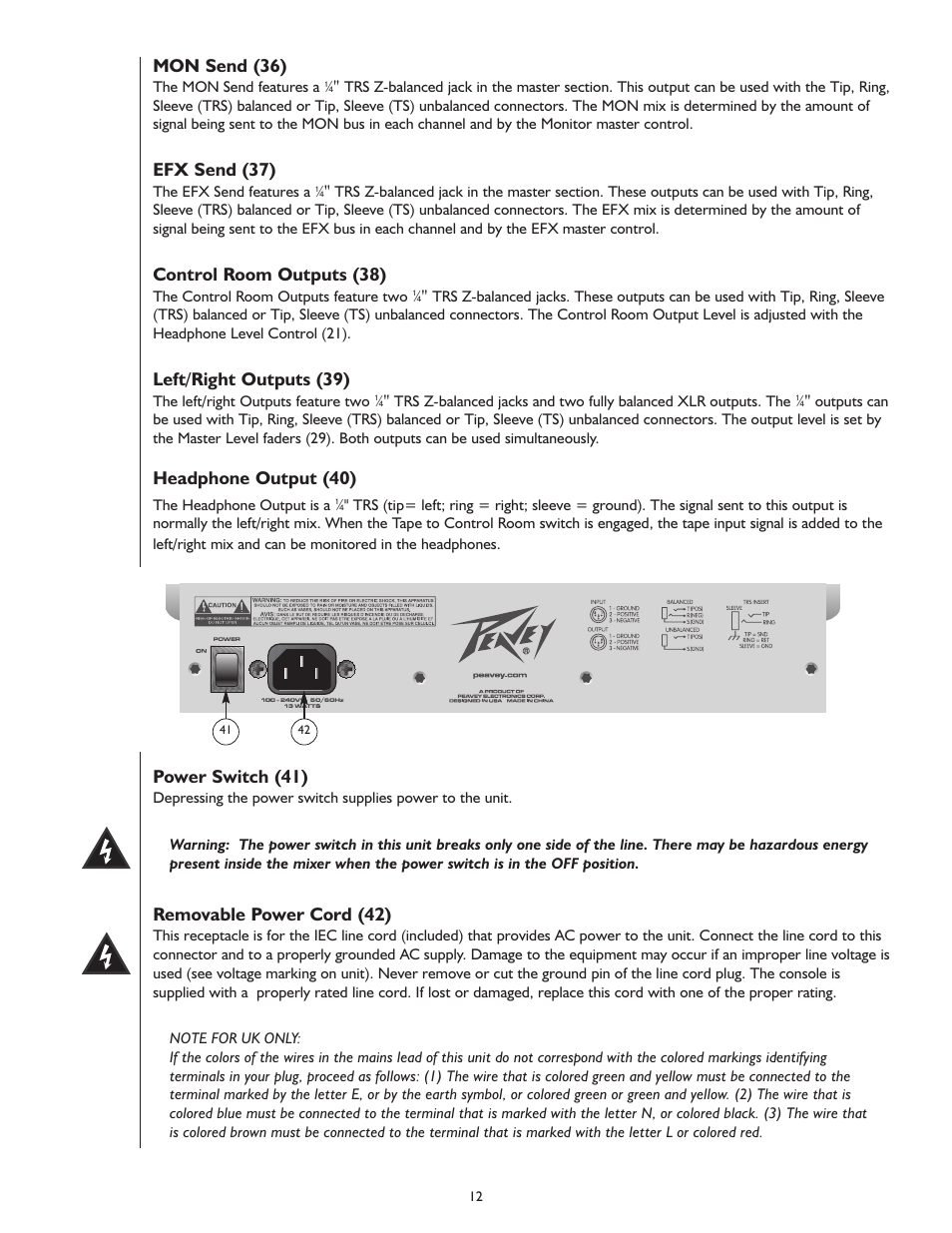 Mon send (36), Efx send (37), Control room outputs (38) | Left/right outputs (39), Headphone output (40), Power switch (41), Removable power cord (42) | Peavey PV 10 User Manual | Page 12 / 36