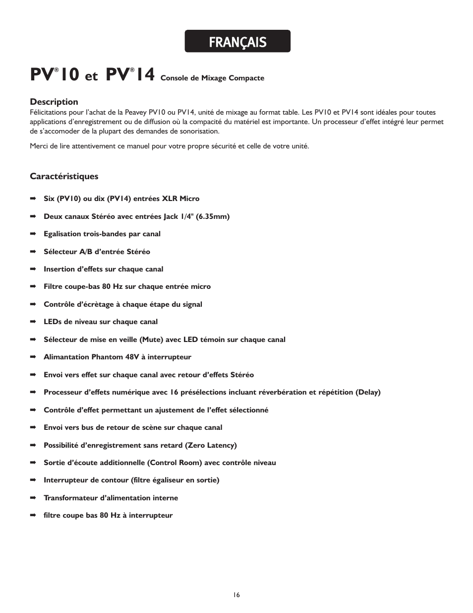 Ffr ra an nç ça aiis s | Peavey PV 10 User Manual | Page 16 / 36