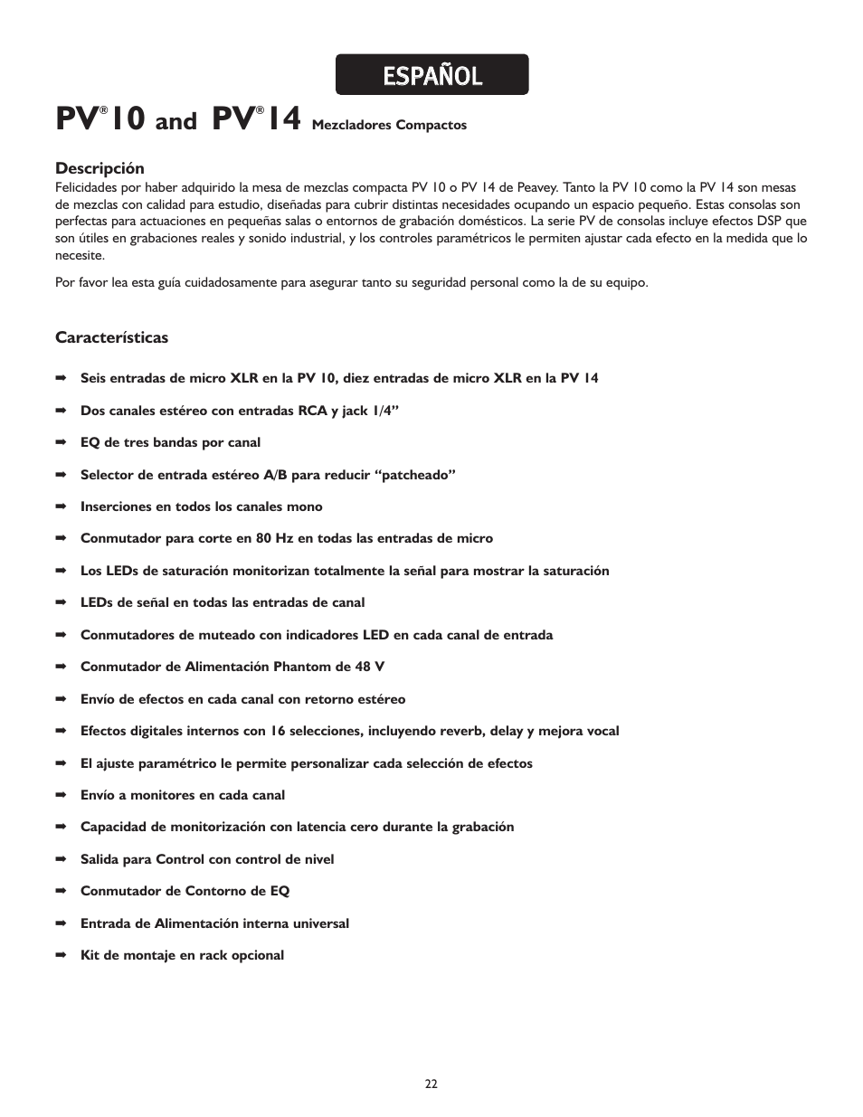 Ees sp pa añ ño ol l | Peavey PV 10 User Manual | Page 22 / 36