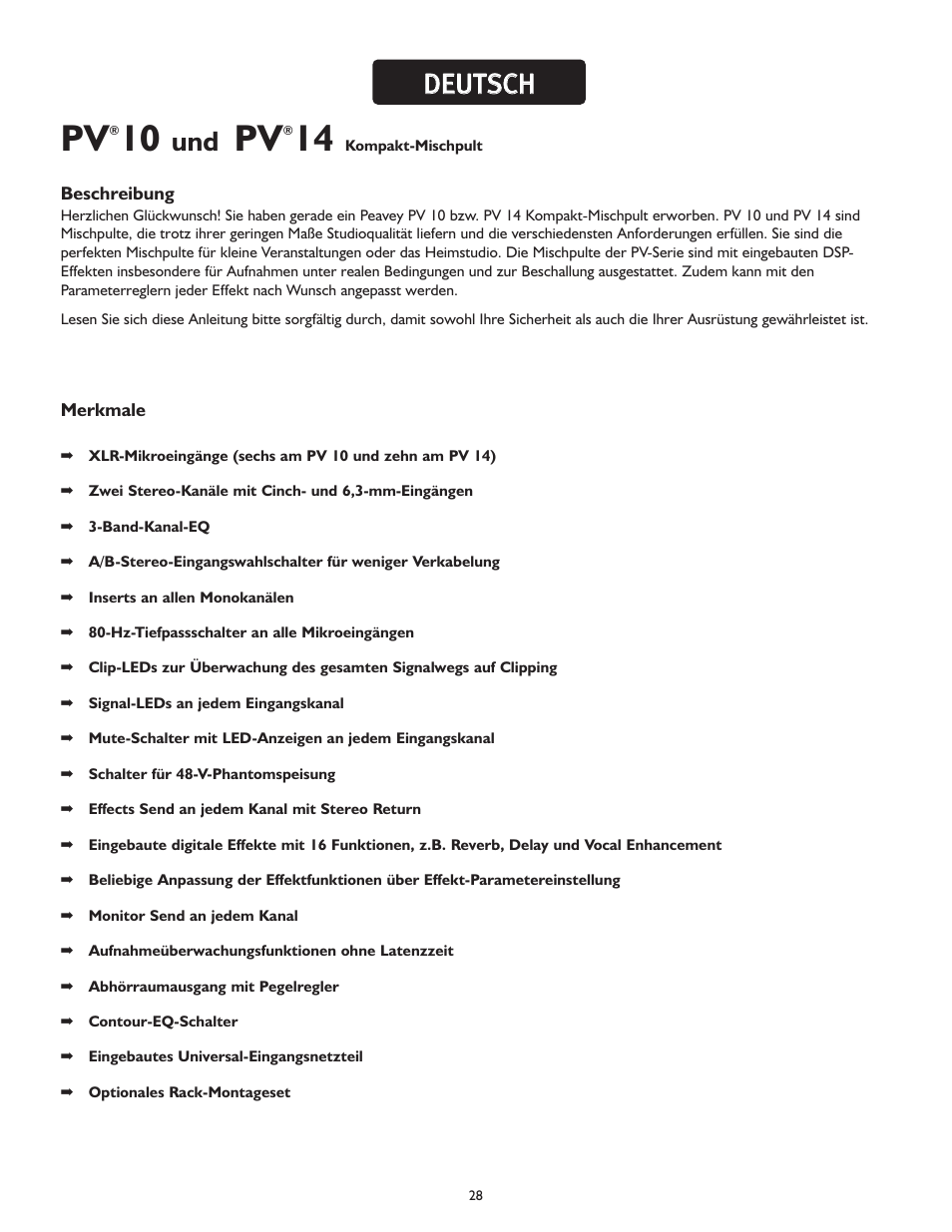 Dde eu ut ts sc ch h | Peavey PV 10 User Manual | Page 28 / 36