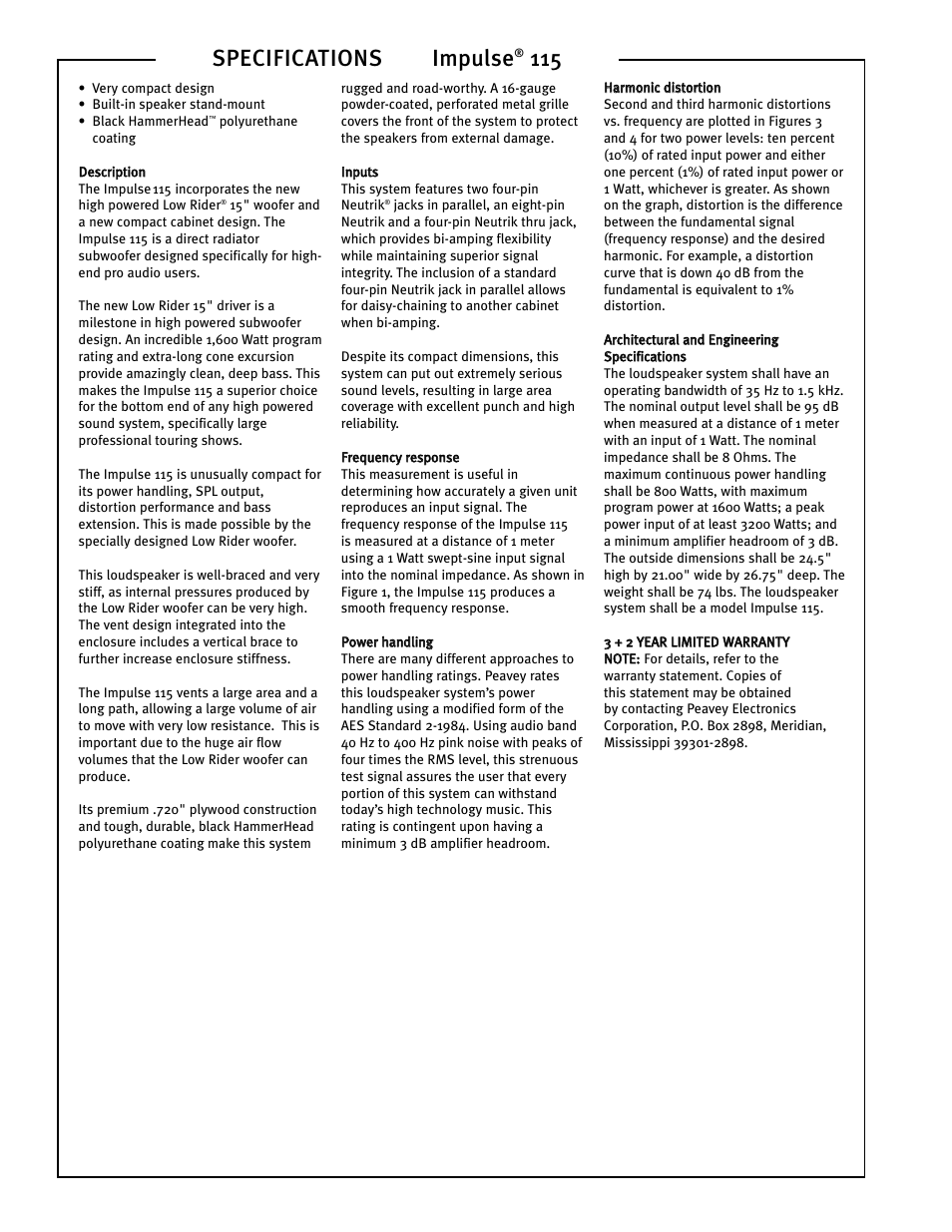 Specifications impulse | Peavey Impulse 115 User Manual | Page 2 / 4