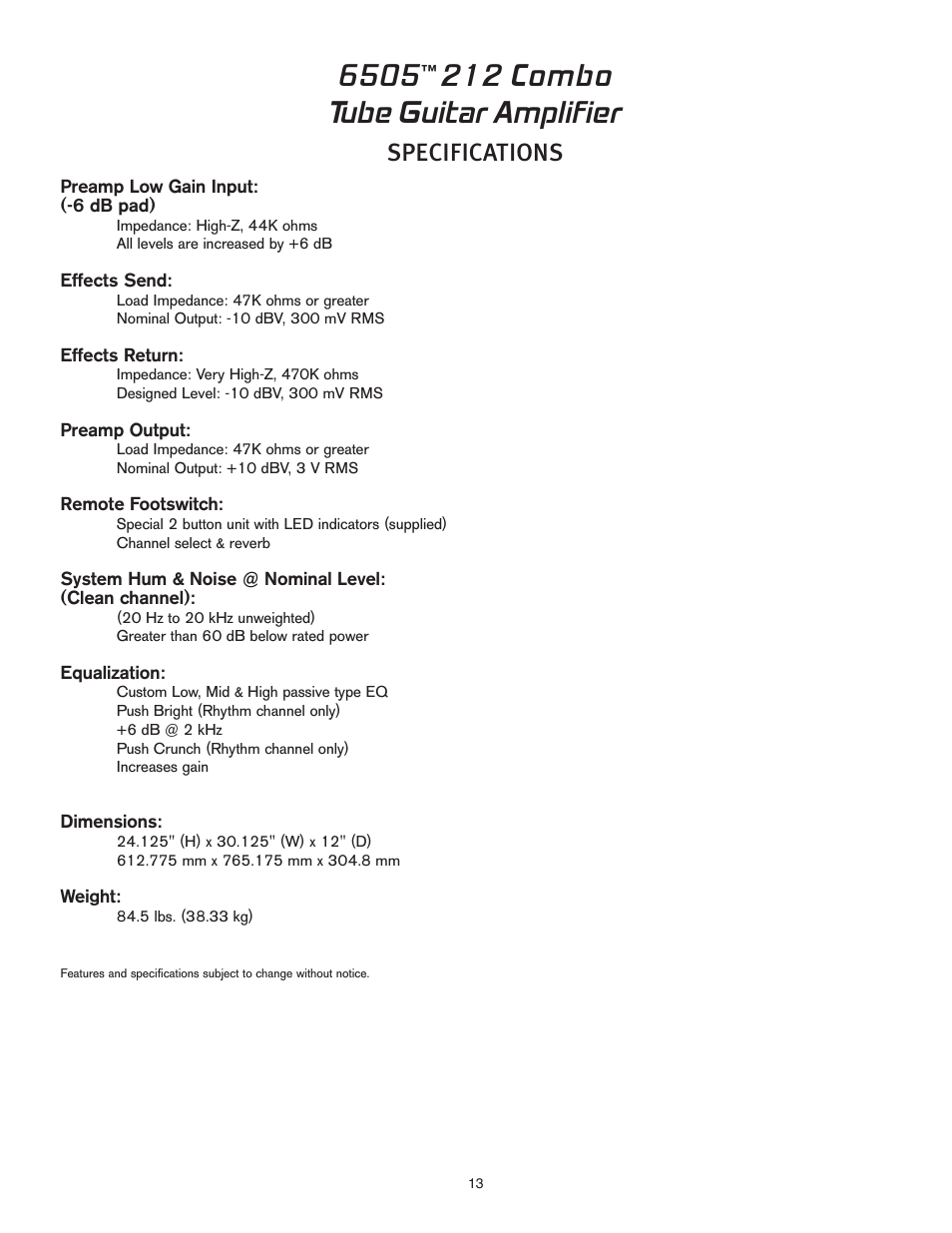 212 combo, Tube guitar amplifier, Specifications | Peavey 6505 212 Combo User Manual | Page 13 / 16