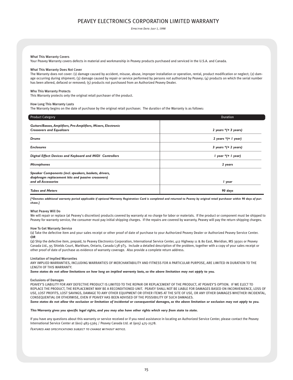 Peavey electronics corporation limited warranty | Peavey 6505 212 Combo User Manual | Page 15 / 16