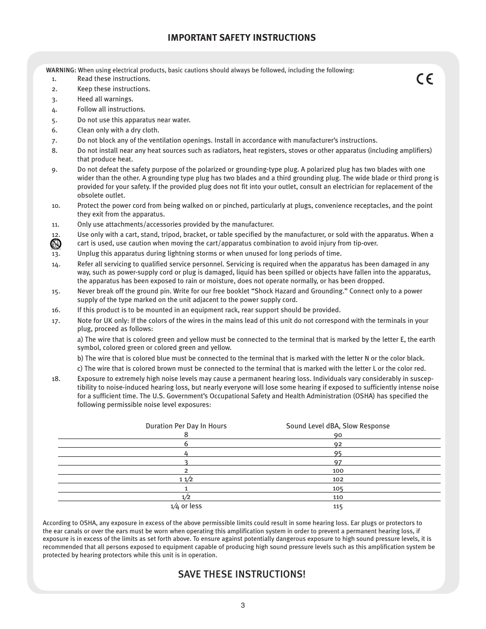 Save these instructions, Important safety instructions | Peavey 6505 212 Combo User Manual | Page 3 / 16