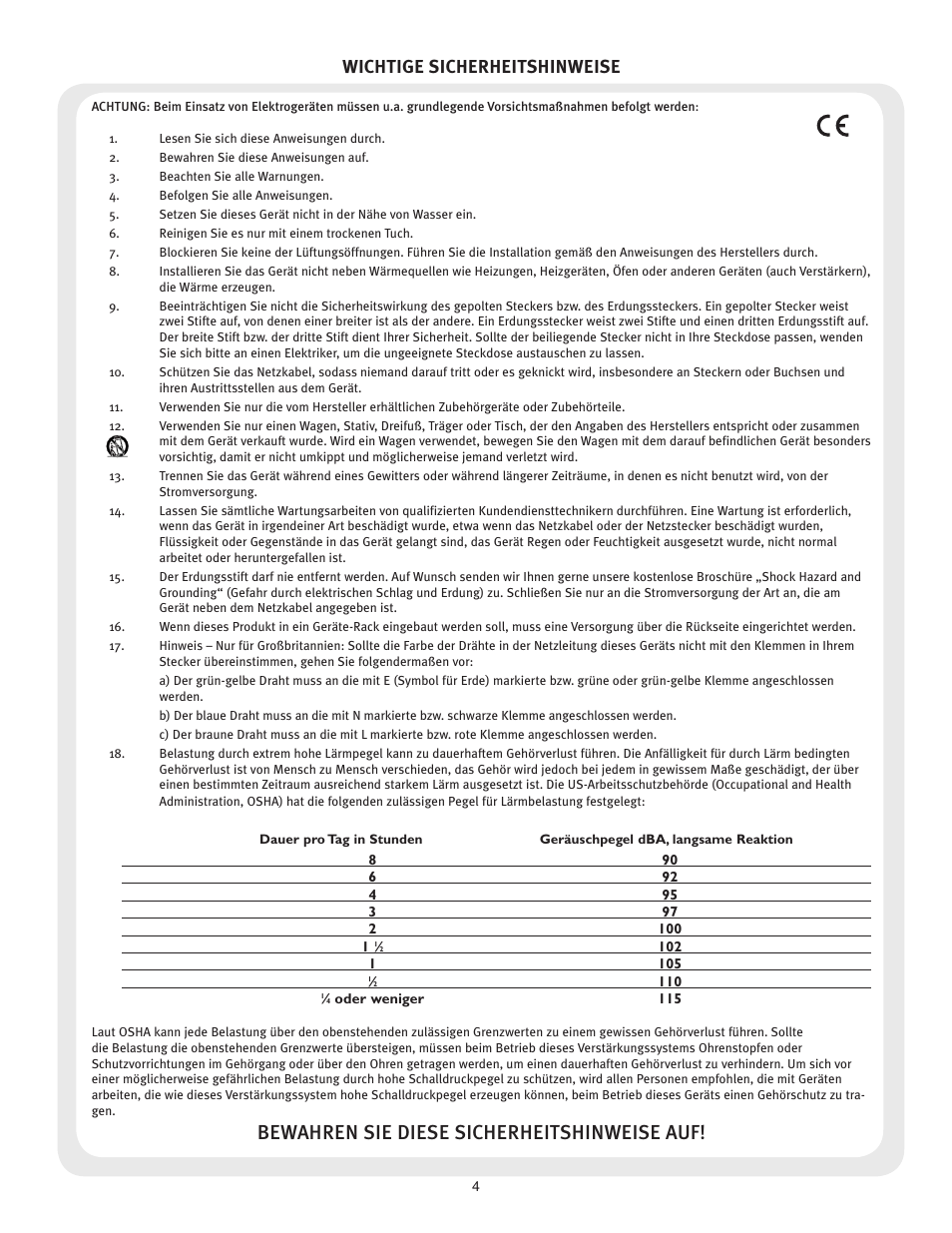 Bewahren sie diese sicherheitshinweise auf, Wichtige sicherheitshinweise | Peavey 6505 212 Combo User Manual | Page 4 / 16