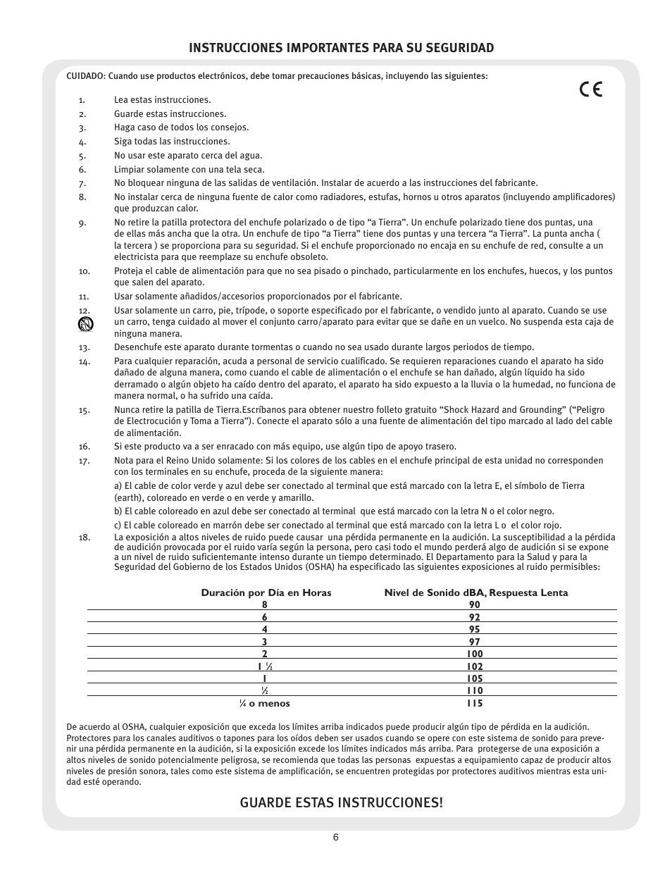 Guarde estas instrucciones, Instrucciones importantes para su seguridad | Peavey 6505 212 Combo User Manual | Page 6 / 16