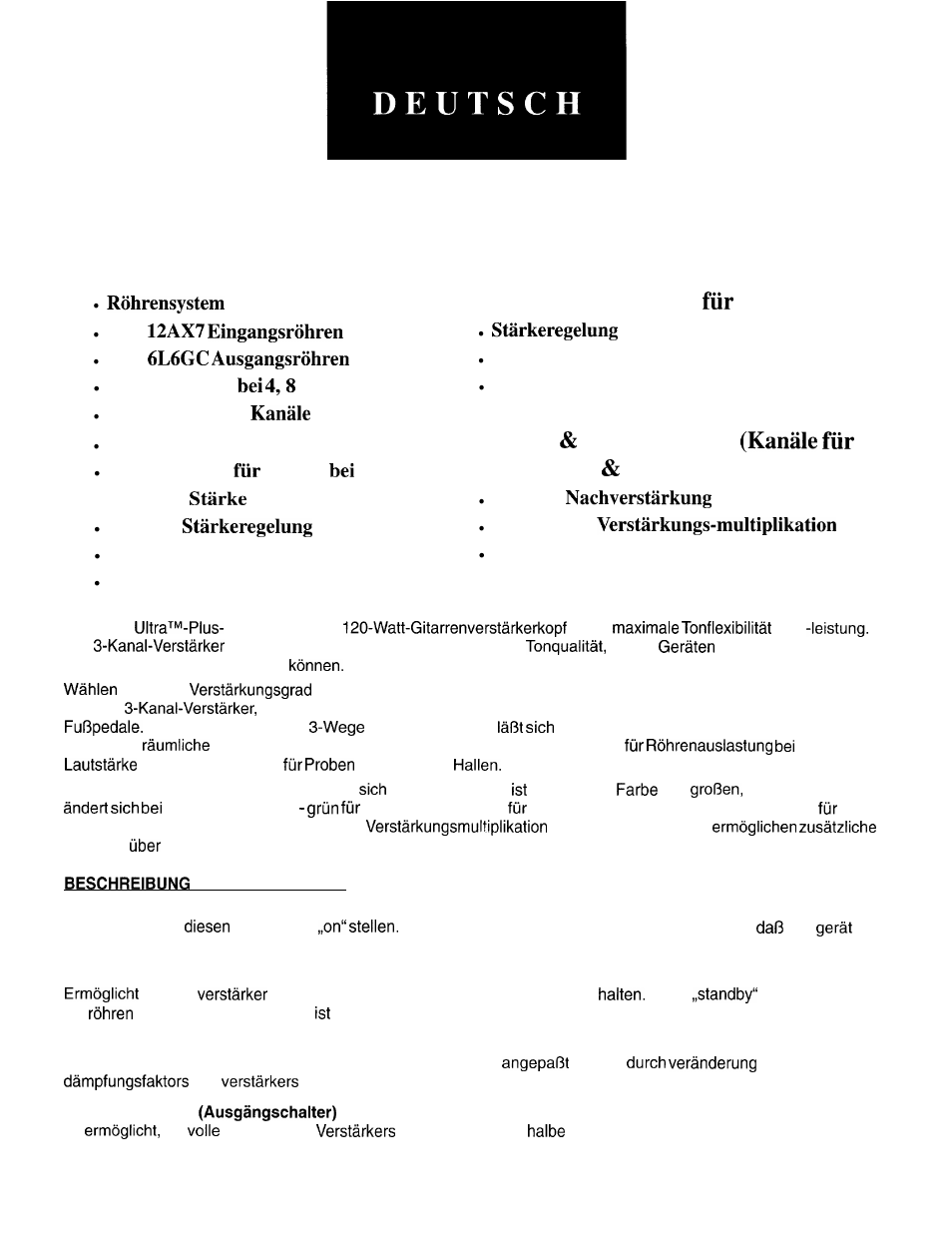 Technische, Ultra’” plus, Daten | Clean channel (kanal klarton), Vier, Drei verstellbare, Zentralresonator, Resonanzkreis effekte, Tonaufheller, Drei-band equalizer | Peavey Ultra Plus User Manual | Page 15 / 20