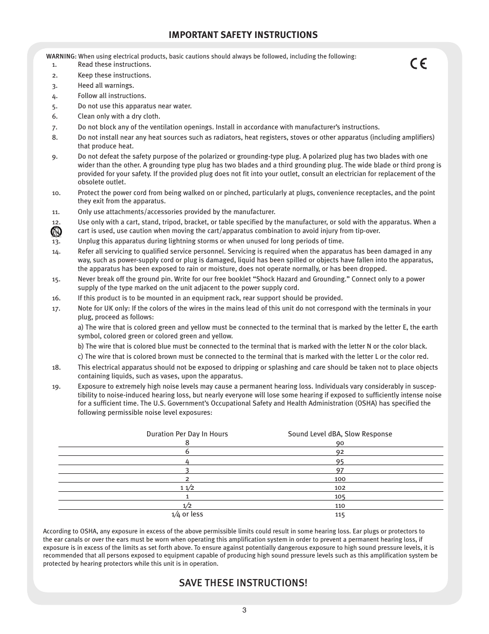 Save these instructions, Important safety instructions | Peavey CS 3000 User Manual | Page 3 / 52