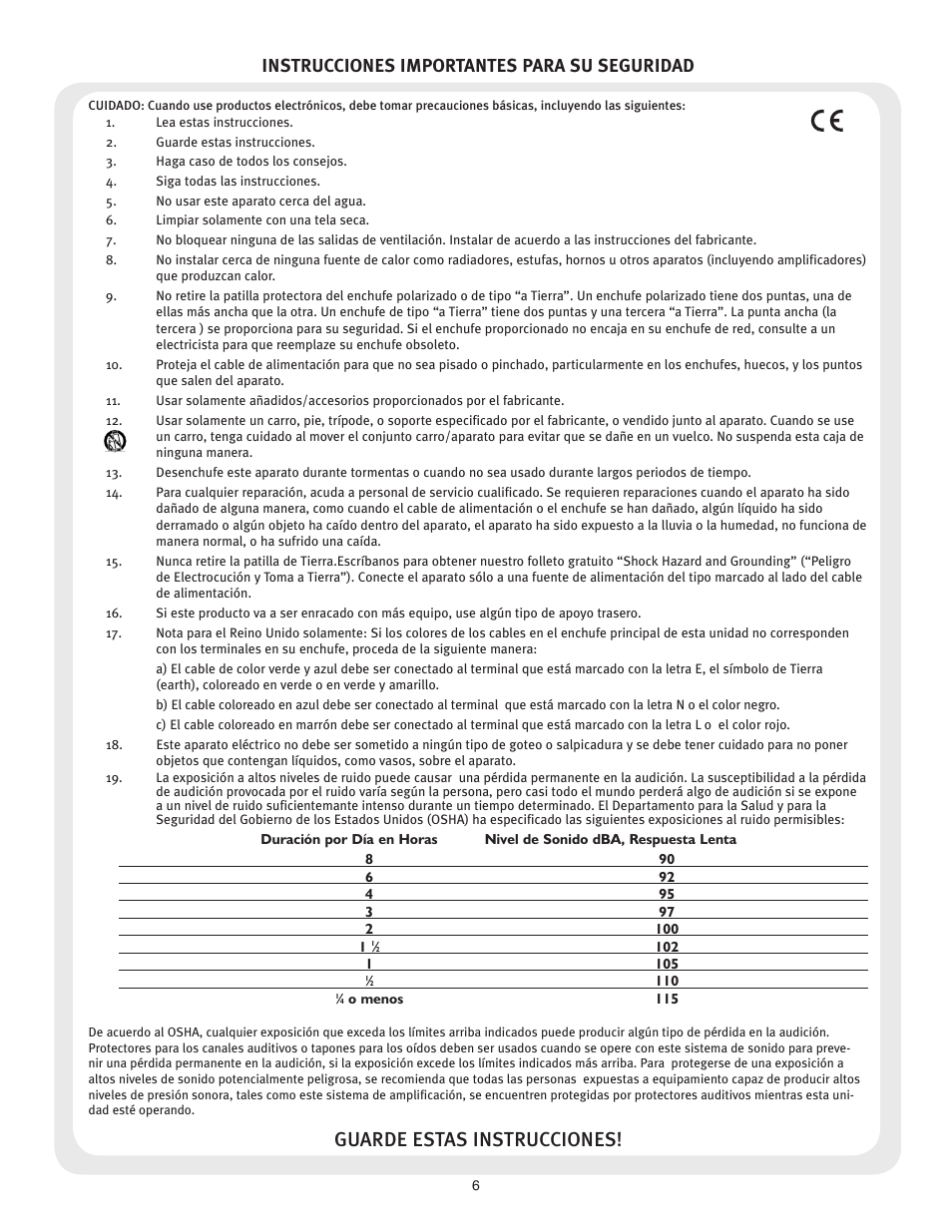 Guarde estas instrucciones, Instrucciones importantes para su seguridad | Peavey CS 3000 User Manual | Page 6 / 52