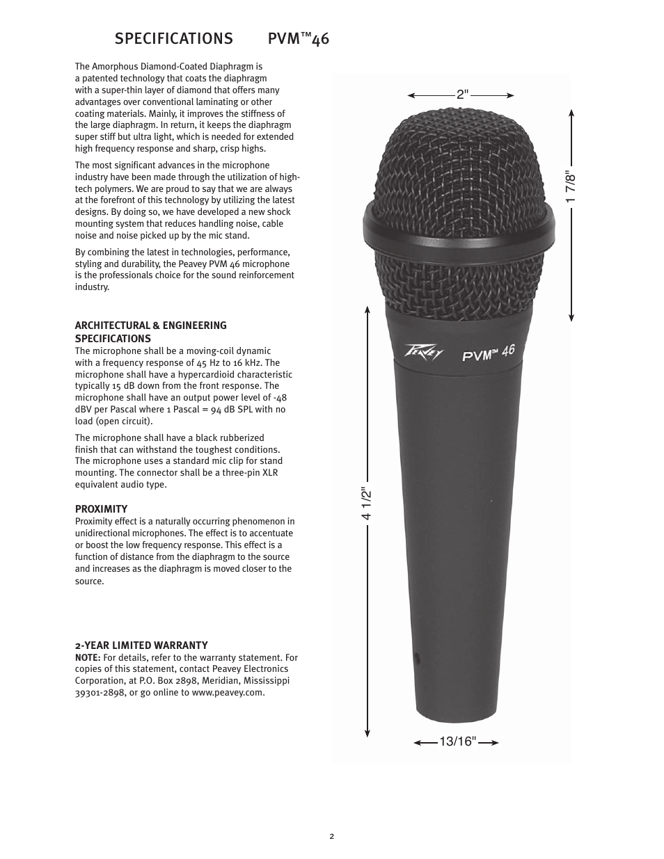 Specifications pvm | Peavey PVM 46 User Manual | Page 2 / 4