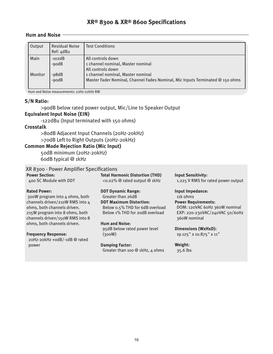 8300 & xr, 8600 specifications | Peavey XR 8600 User Manual | Page 16 / 20