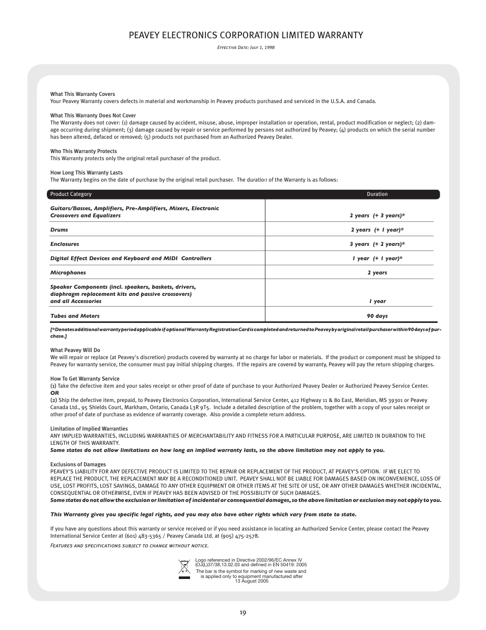 Peavey electronics corporation limited warranty | Peavey XR 8600 User Manual | Page 19 / 20