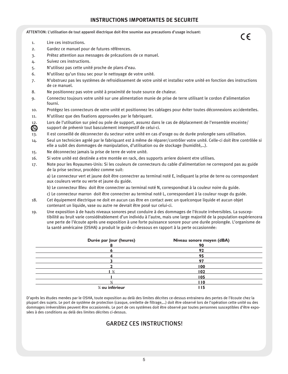 Gardez ces instructions, Instructions importantes de securite | Peavey XR 8600 User Manual | Page 5 / 20