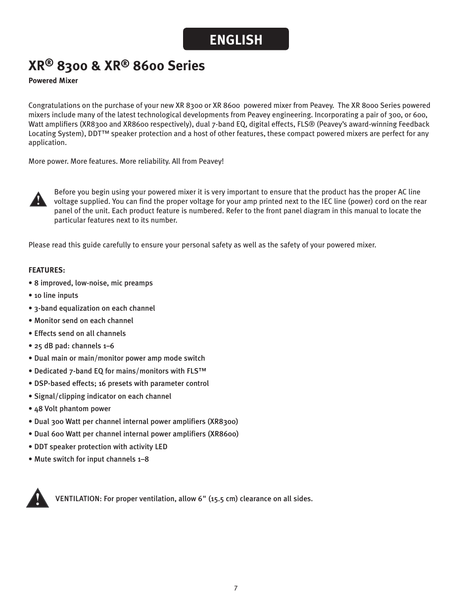 8300 & xr, 8600 series, English | Peavey XR 8600 User Manual | Page 7 / 20