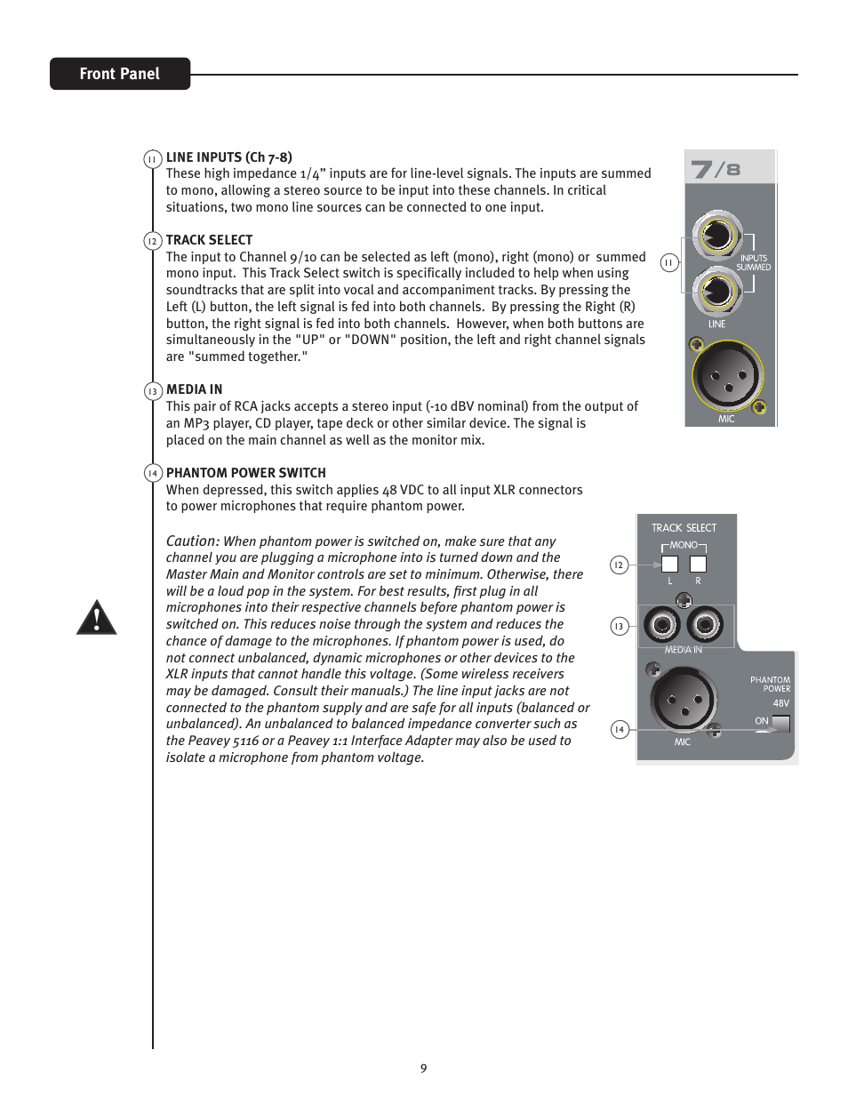 Front panel, Caution | Peavey XR 8600 User Manual | Page 9 / 20