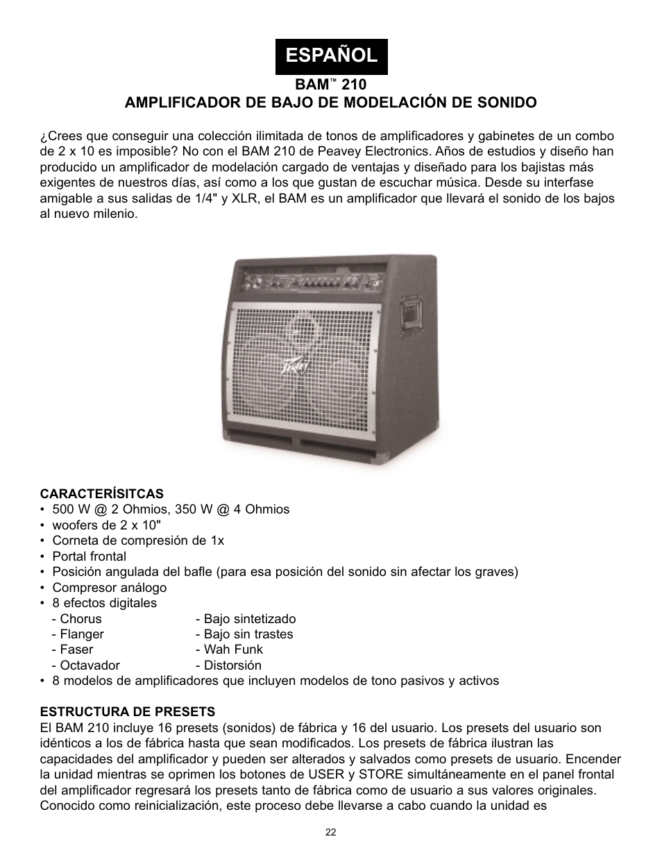 Español | Peavey BAM 210 User Manual | Page 22 / 80