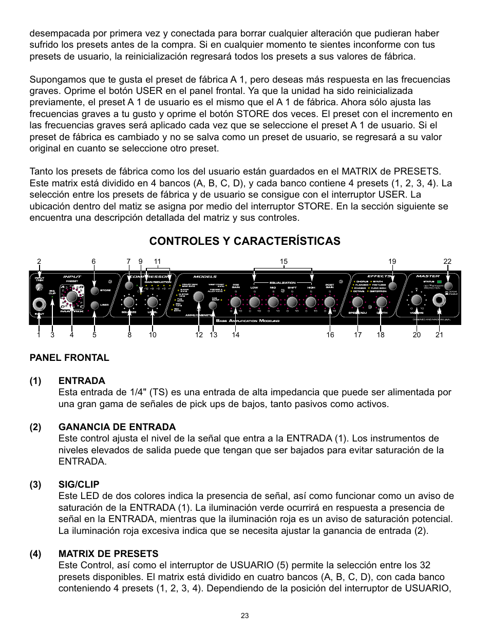 Controles y características | Peavey BAM 210 User Manual | Page 23 / 80