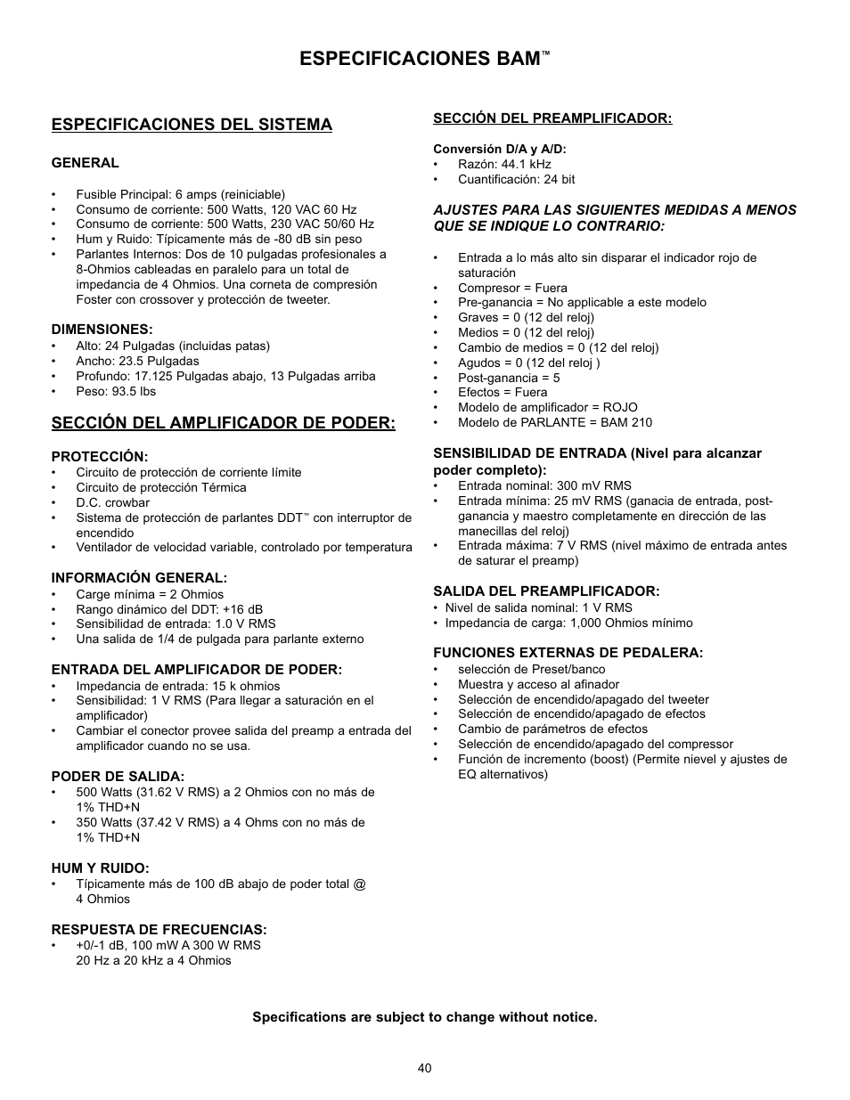 Especificaciones bam, Especificaciones del sistema, Sección del amplificador de poder | Peavey BAM 210 User Manual | Page 40 / 80