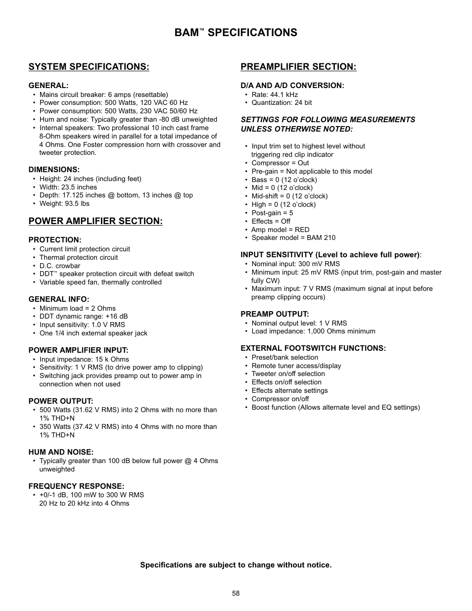 Specifications | Peavey BAM 210 User Manual | Page 58 / 80