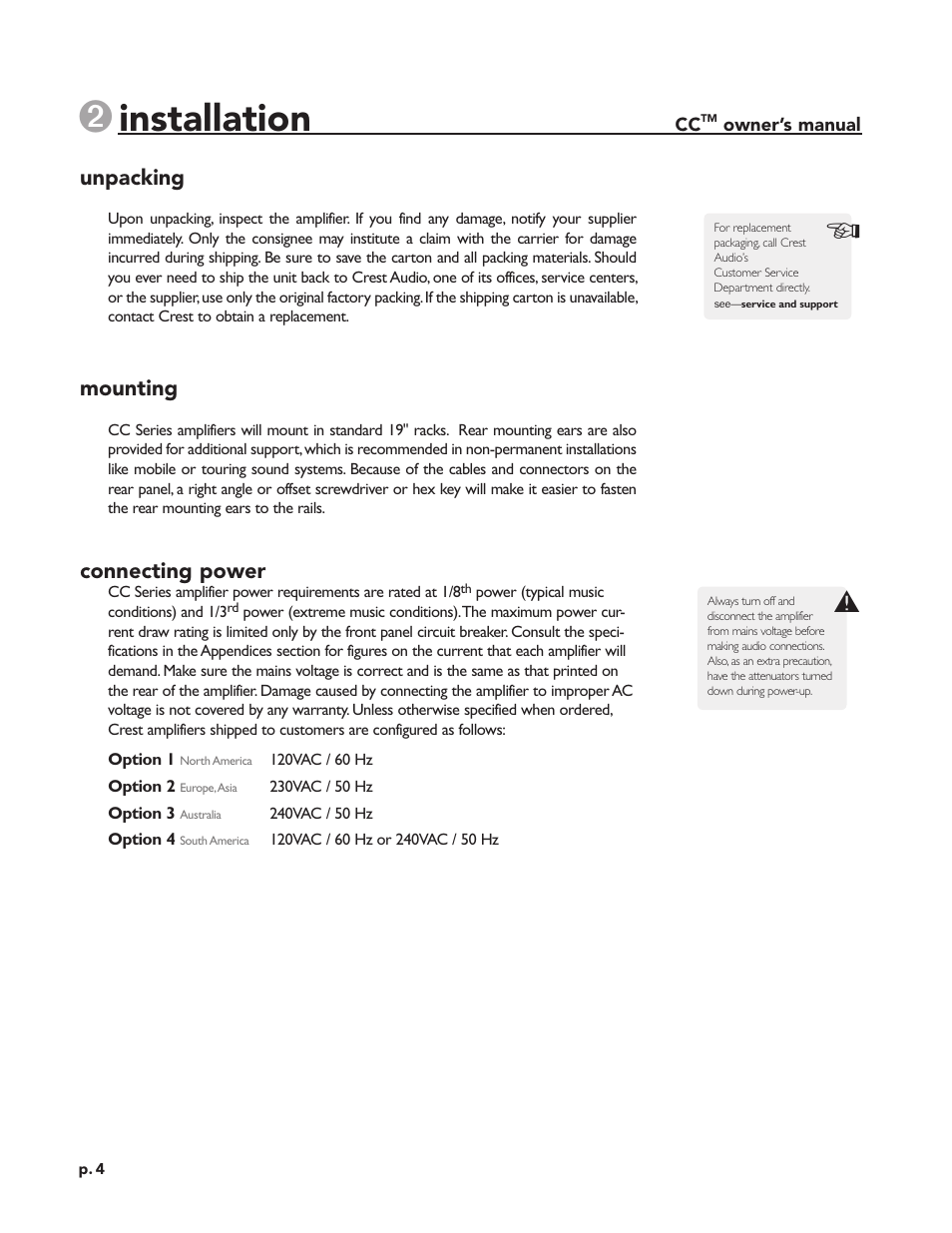 Installation, Unpacking, Mounting | Connecting power | Peavey CC 2800 User Manual | Page 11 / 84