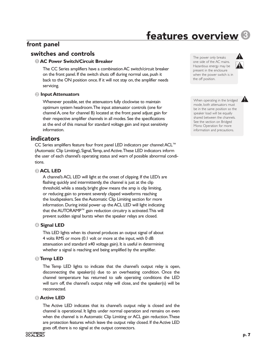 Features overview, Front panel switches and controls, Indicators | Peavey CC 2800 User Manual | Page 14 / 84