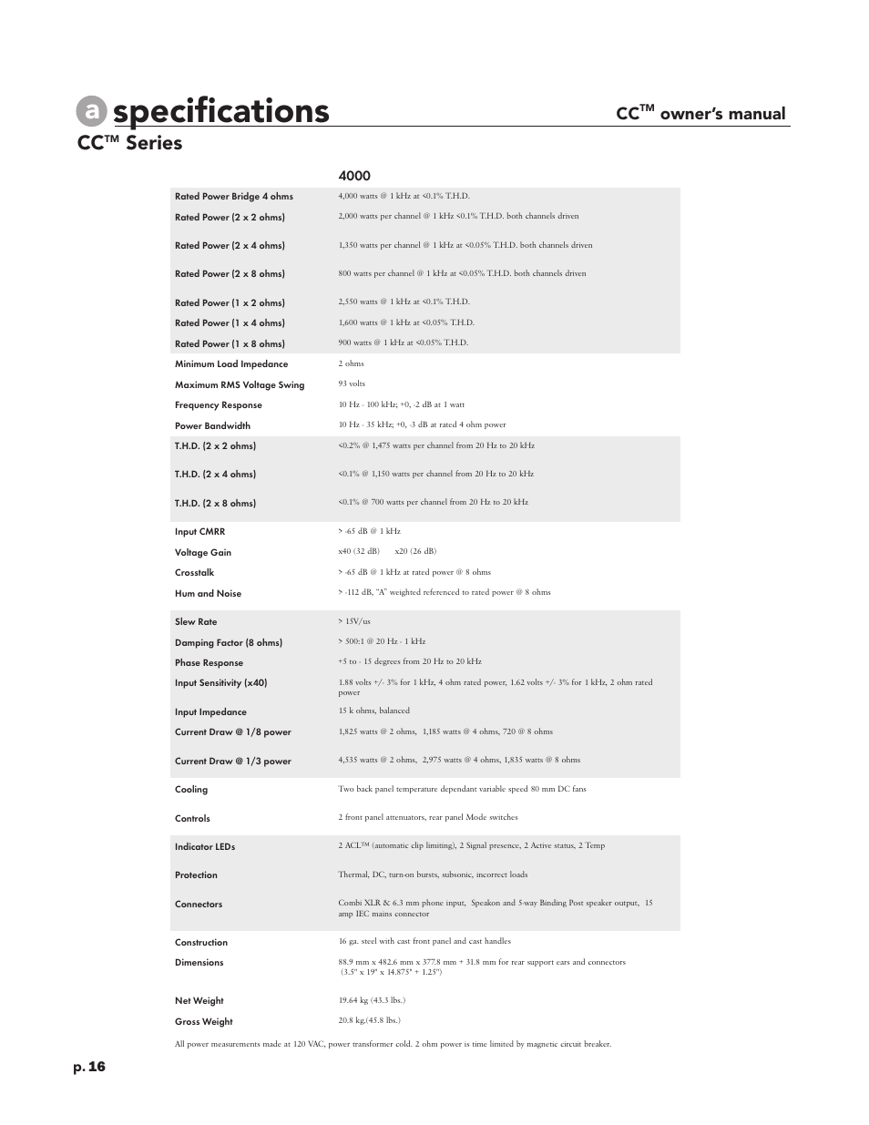 Specifications, Series, Owner’s manual | P. 16 | Peavey CC 2800 User Manual | Page 23 / 84