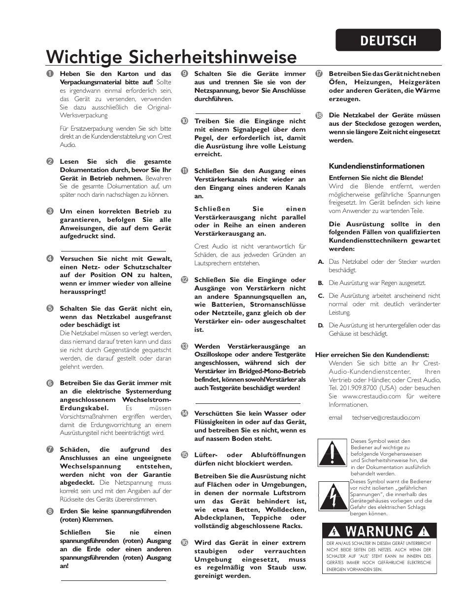 Wichtige sicherheitshinweise, Warnung, Deutsch | Peavey CC 2800 User Manual | Page 26 / 84