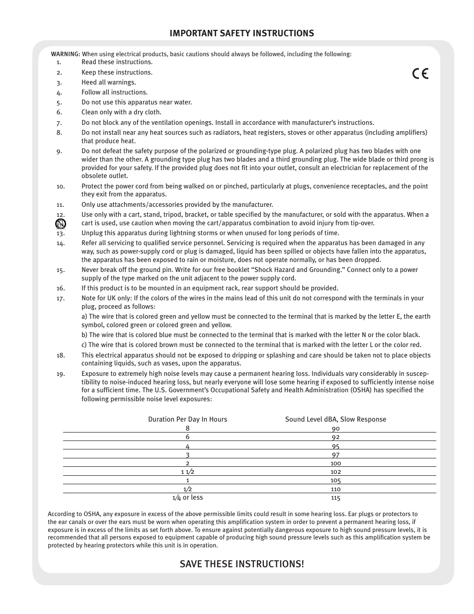 Save these instructions, Important safety instructions | Peavey CC 2800 User Manual | Page 3 / 84