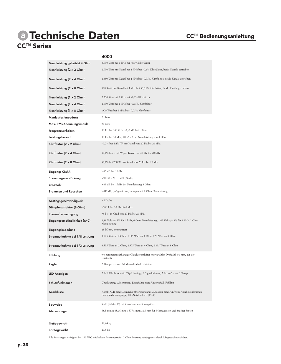 Technische daten, Series, Bedienungsanleitung | P. 36 | Peavey CC 2800 User Manual | Page 43 / 84