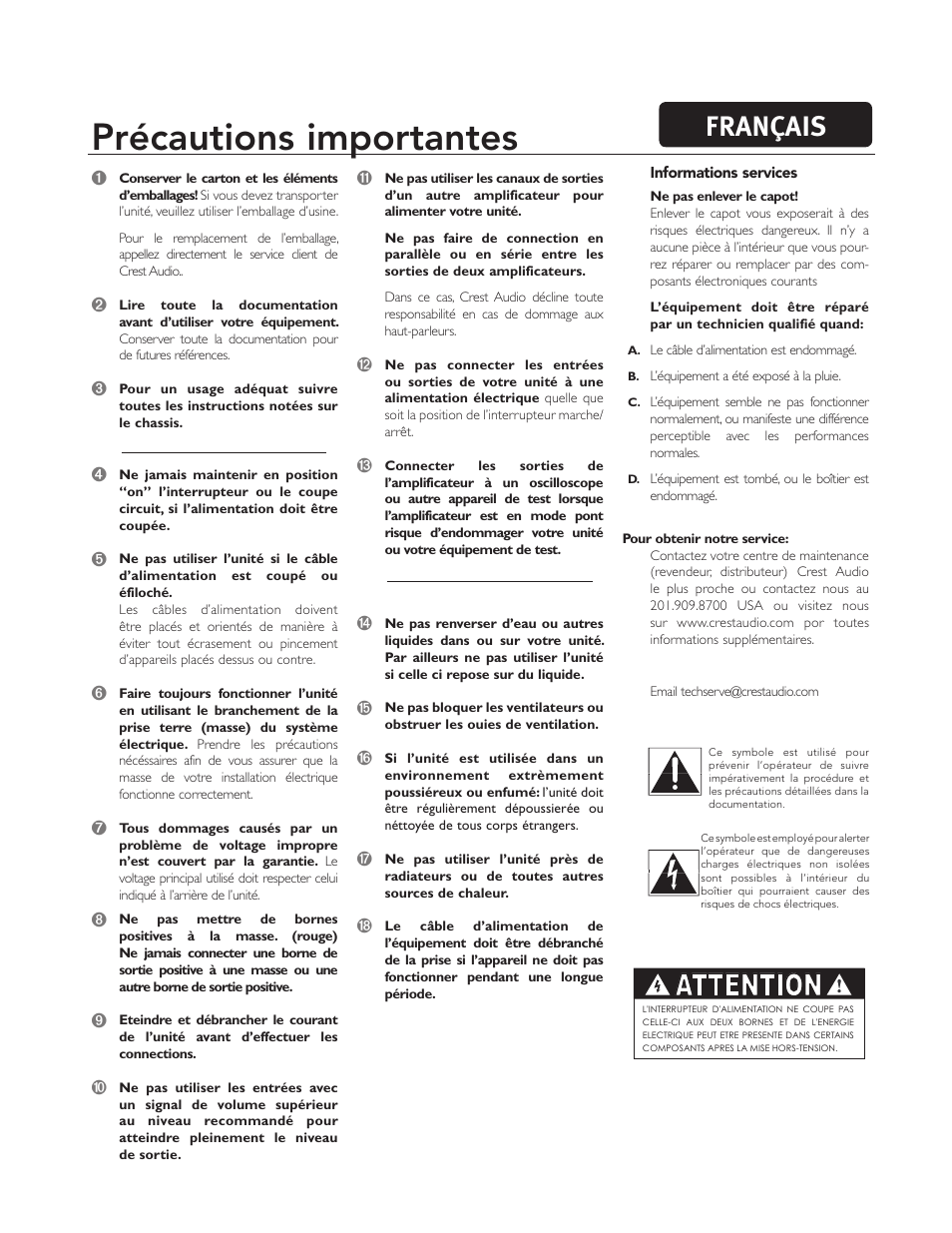 Précautions importantes, Attention, Français | Peavey CC 2800 User Manual | Page 46 / 84