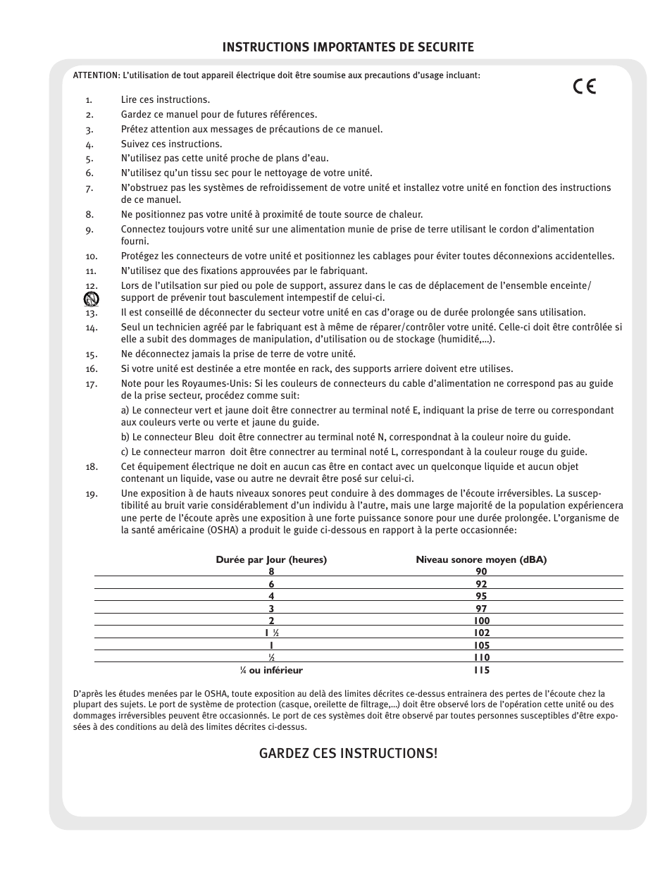 Gardez ces instructions, Instructions importantes de securite | Peavey CC 2800 User Manual | Page 5 / 84