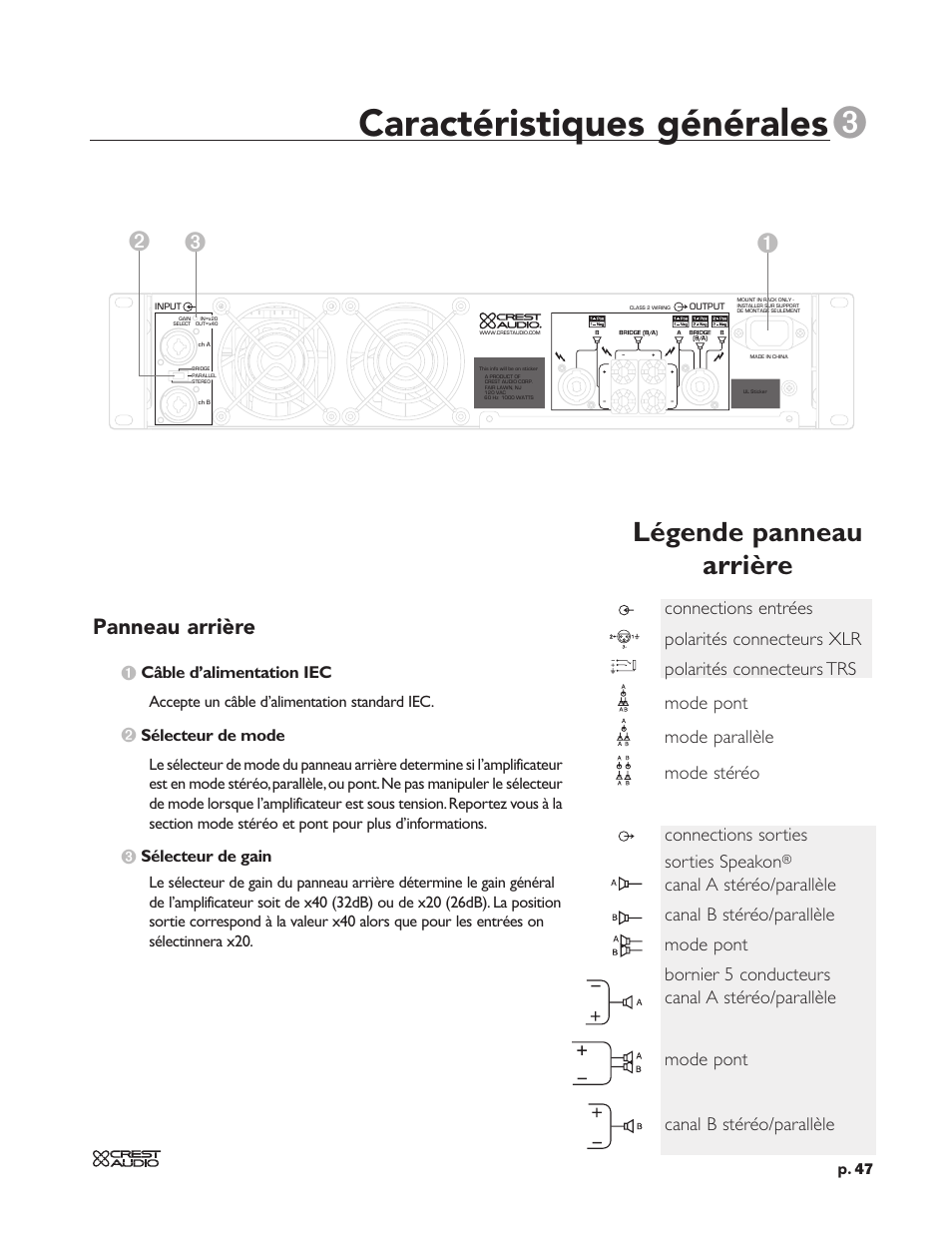 Caractéristiques générales, Légende panneau arrière, Panneau arrière | Peavey CC 2800 User Manual | Page 54 / 84