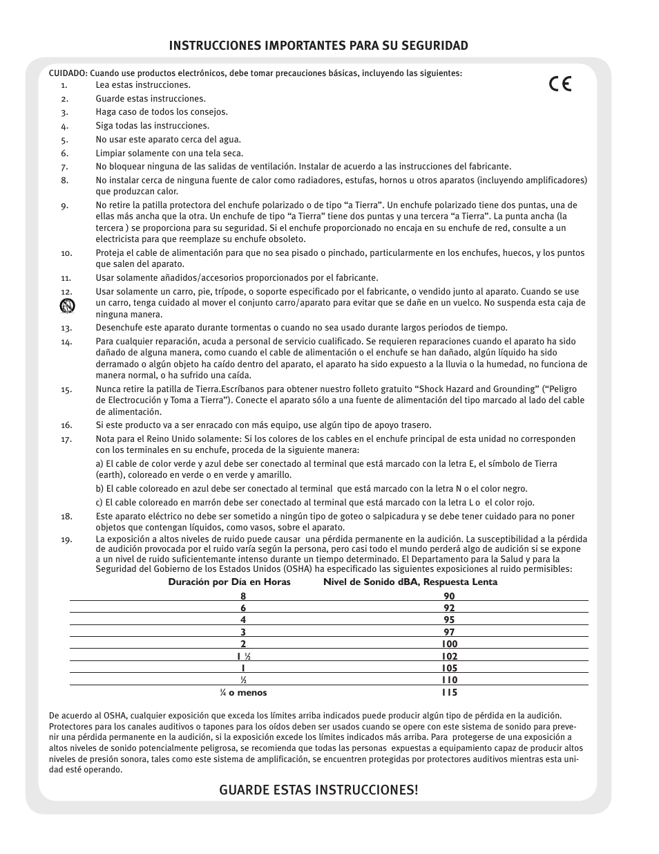 Guarde estas instrucciones, Instrucciones importantes para su seguridad | Peavey CC 2800 User Manual | Page 6 / 84