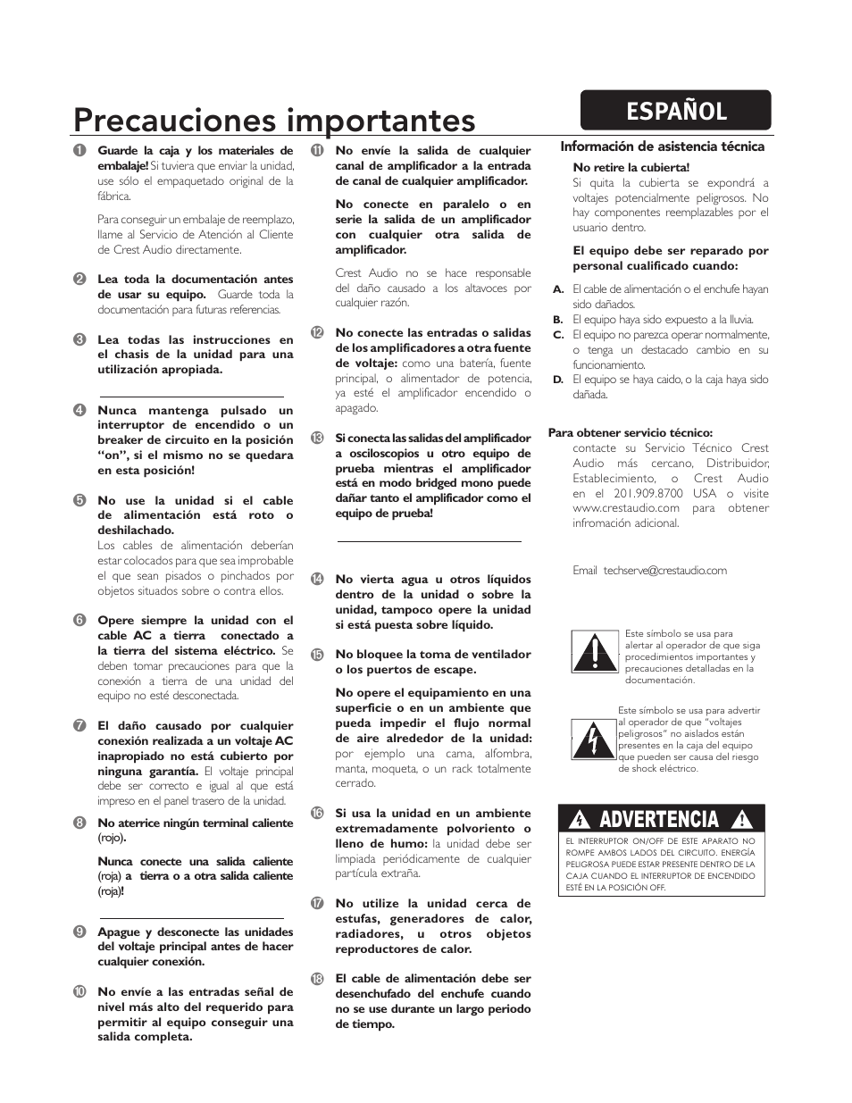 Precauciones importantes, Español, Advertencia | Peavey CC 2800 User Manual | Page 65 / 84