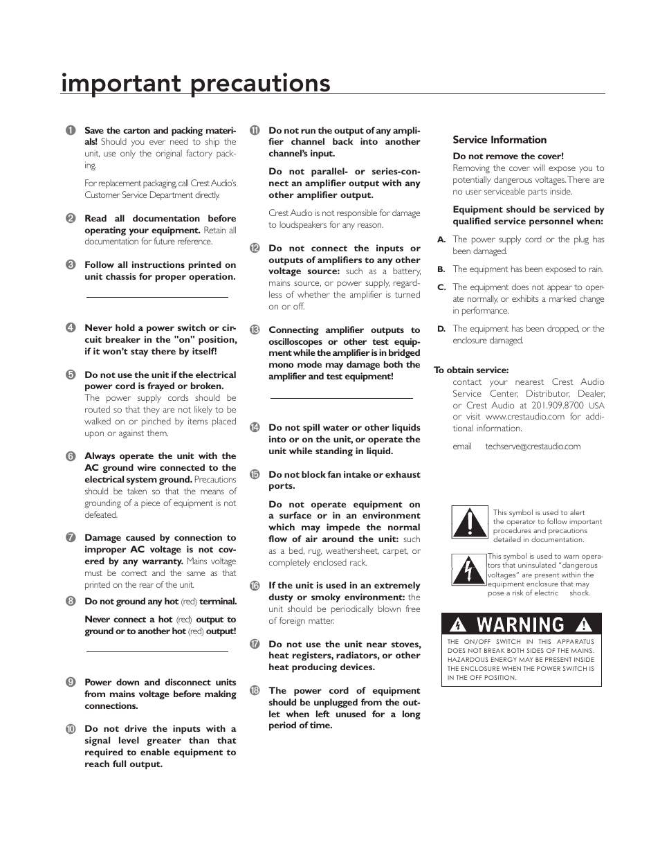 Important precautions, Warning | Peavey CC 2800 User Manual | Page 7 / 84