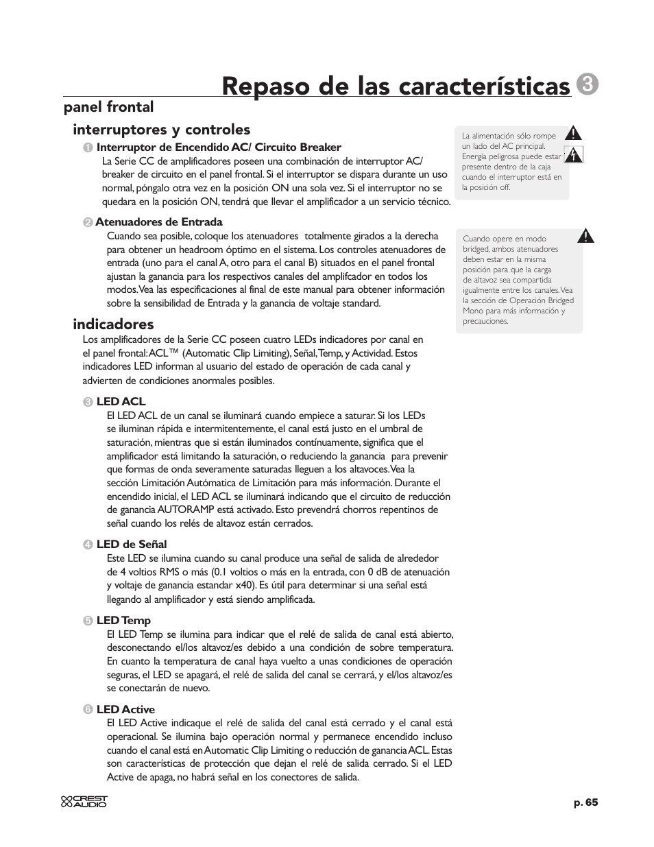 Repaso de las características | Peavey CC 2800 User Manual | Page 72 / 84