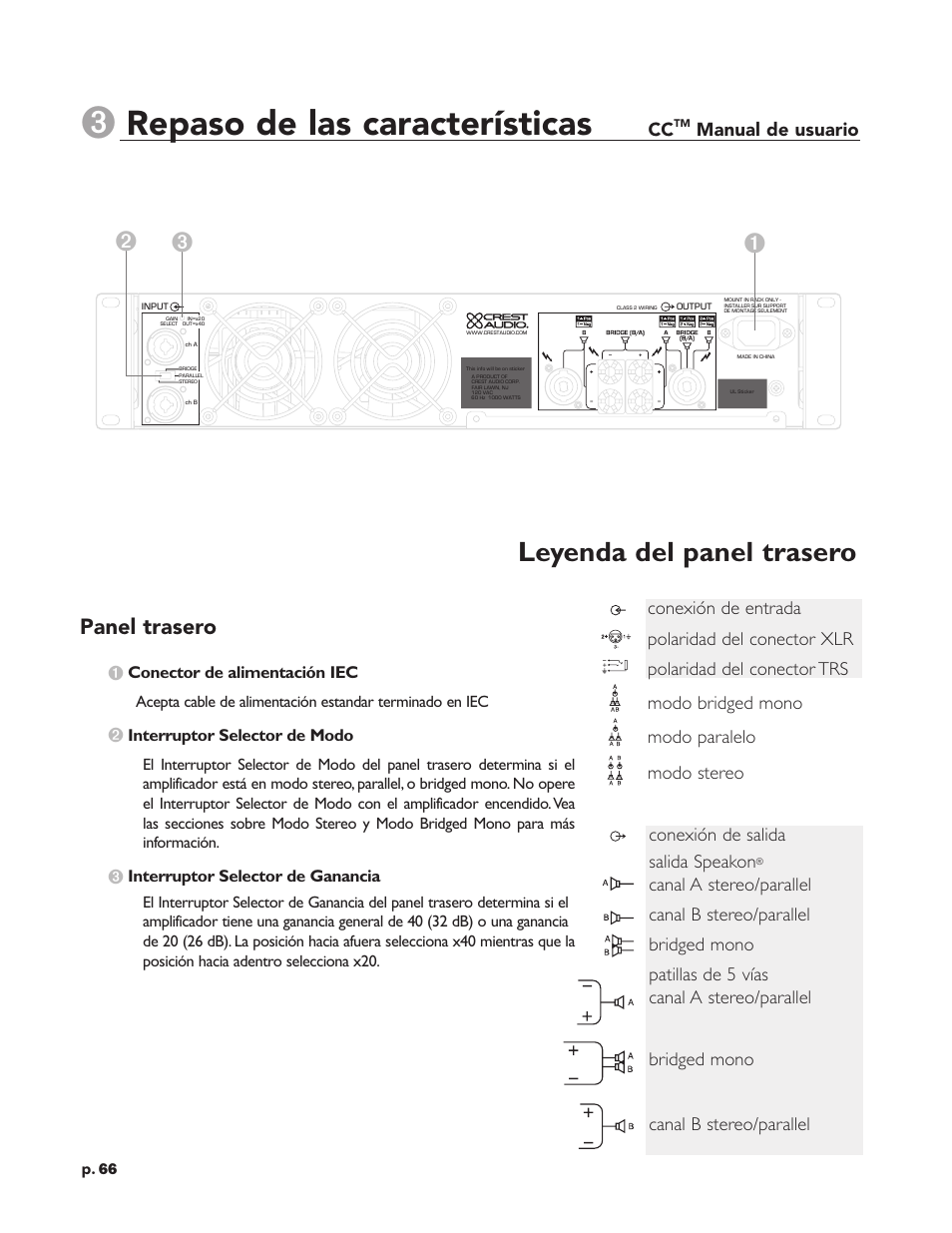 Repaso de las características, Leyenda del panel trasero, Panel trasero | Manual de usuario | Peavey CC 2800 User Manual | Page 73 / 84