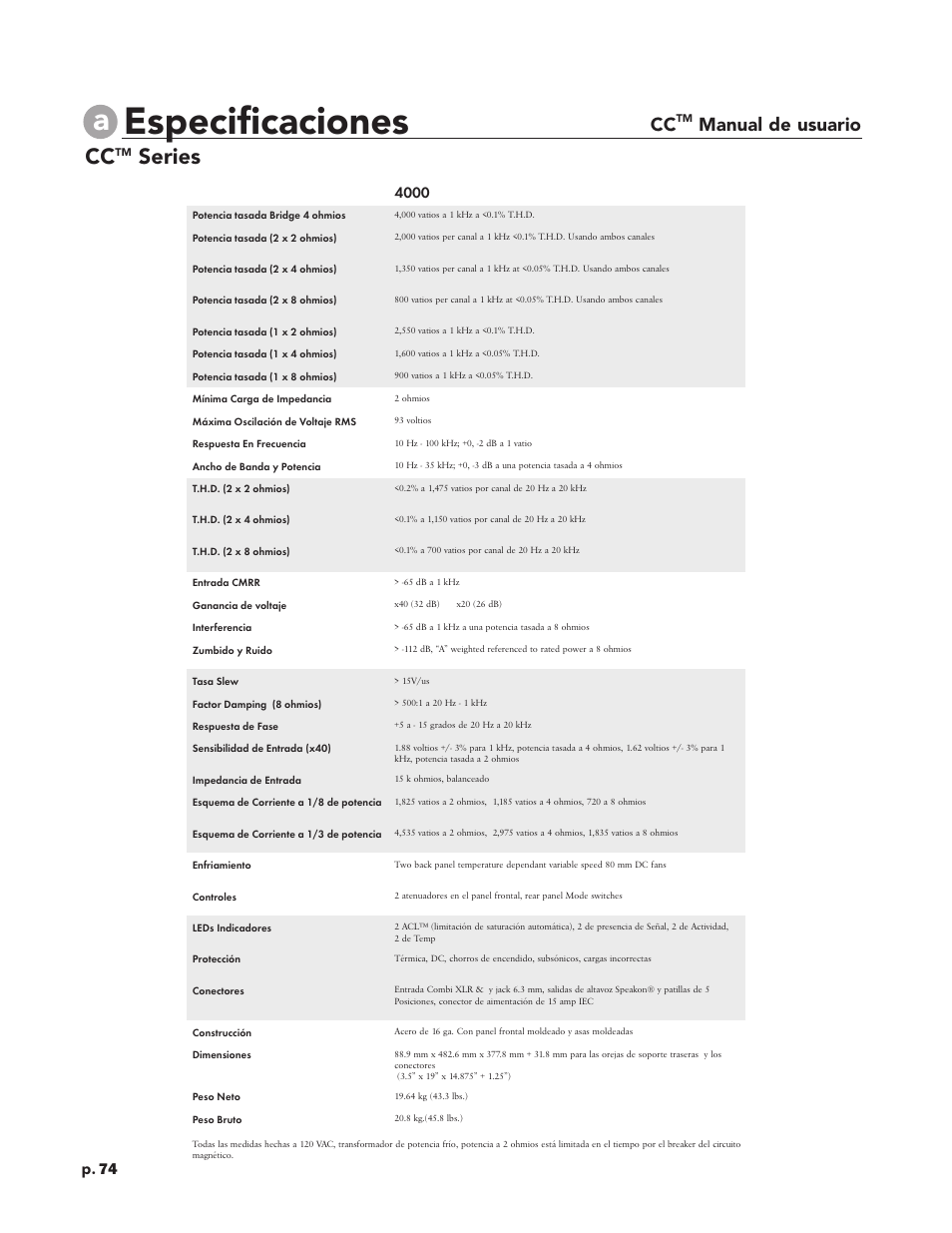 Especificaciones, Series, Manual de usuario | P. 74 | Peavey CC 2800 User Manual | Page 81 / 84