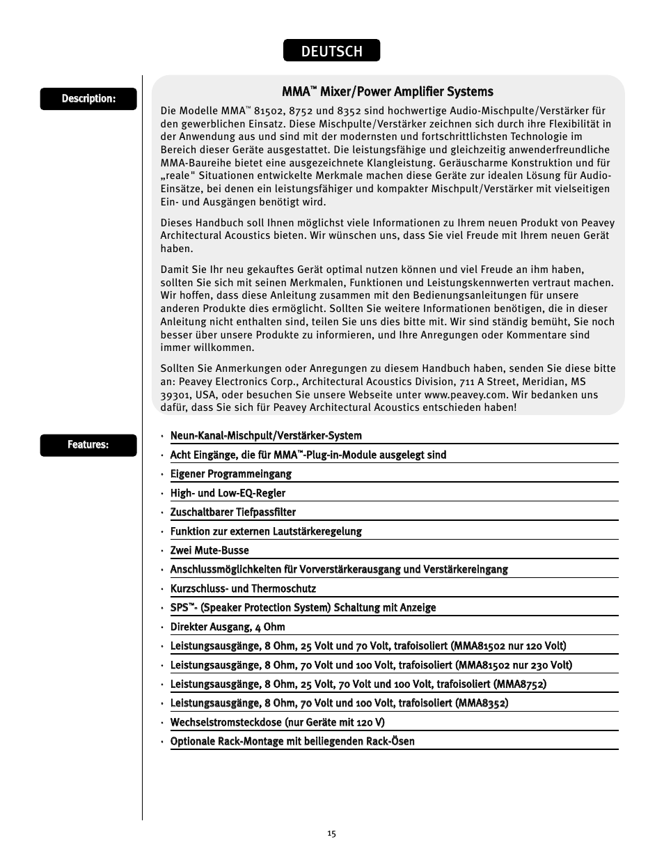 Deutsch | Peavey MMA8352 User Manual | Page 15 / 48