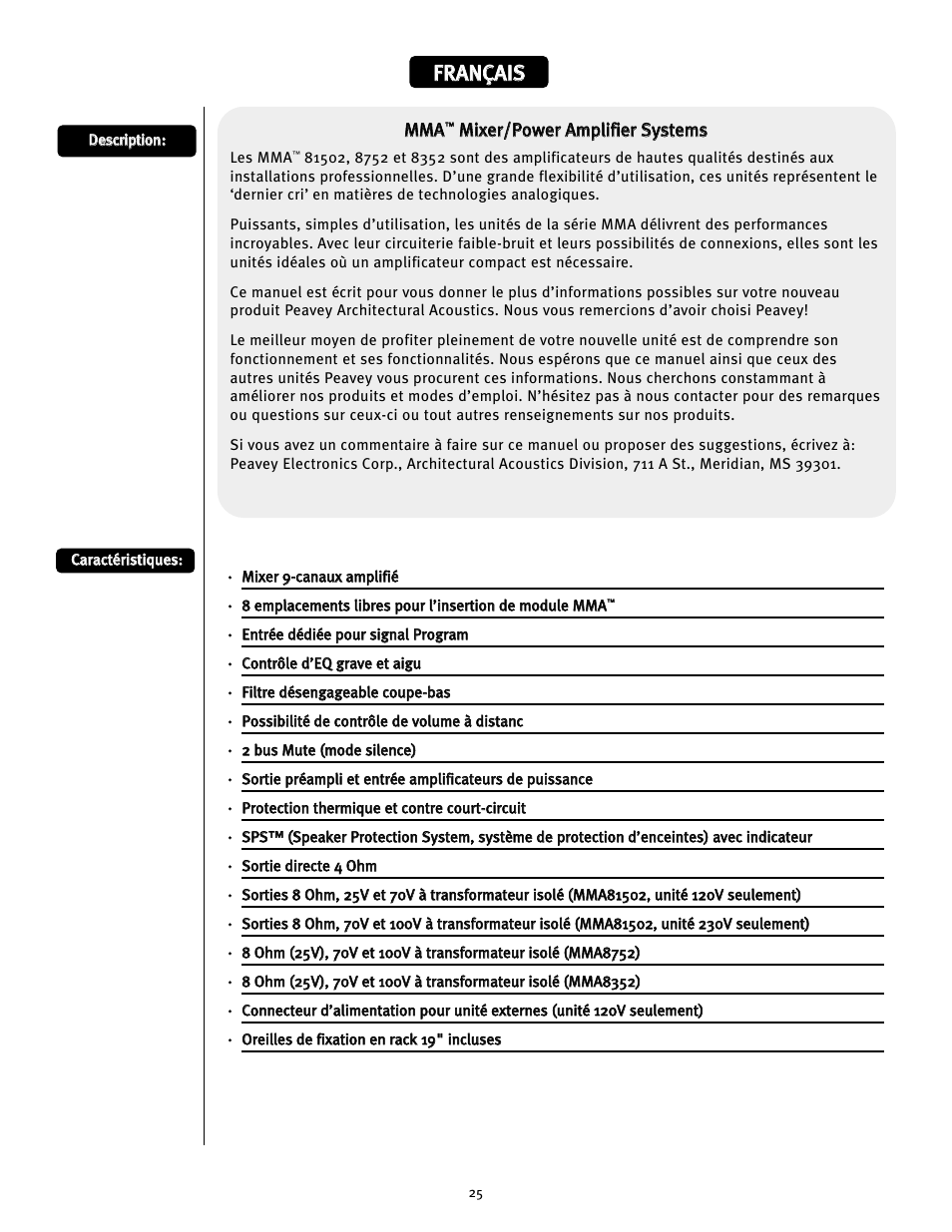 Ffr ra an nç ça aiis s | Peavey MMA8352 User Manual | Page 25 / 48