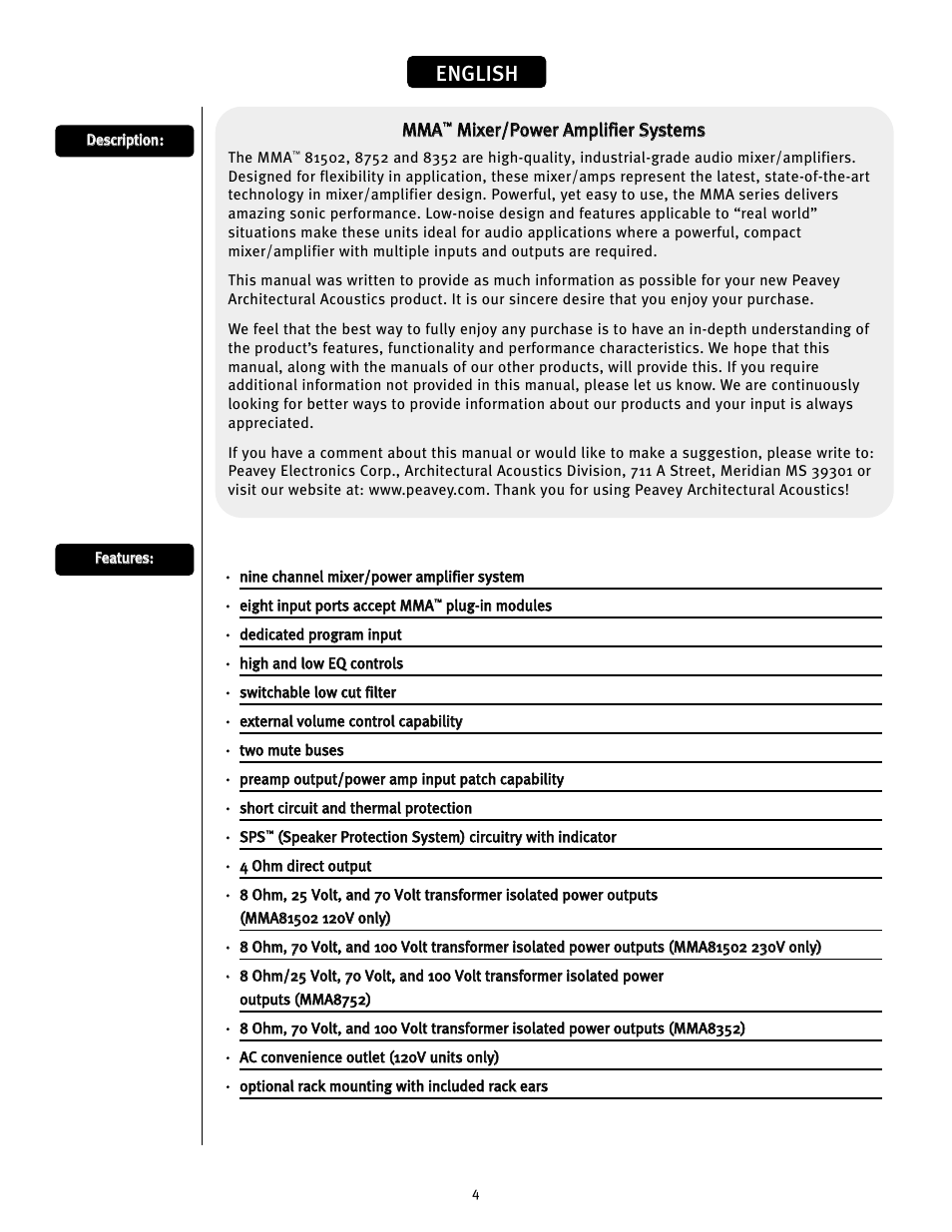 English | Peavey MMA8352 User Manual | Page 4 / 48